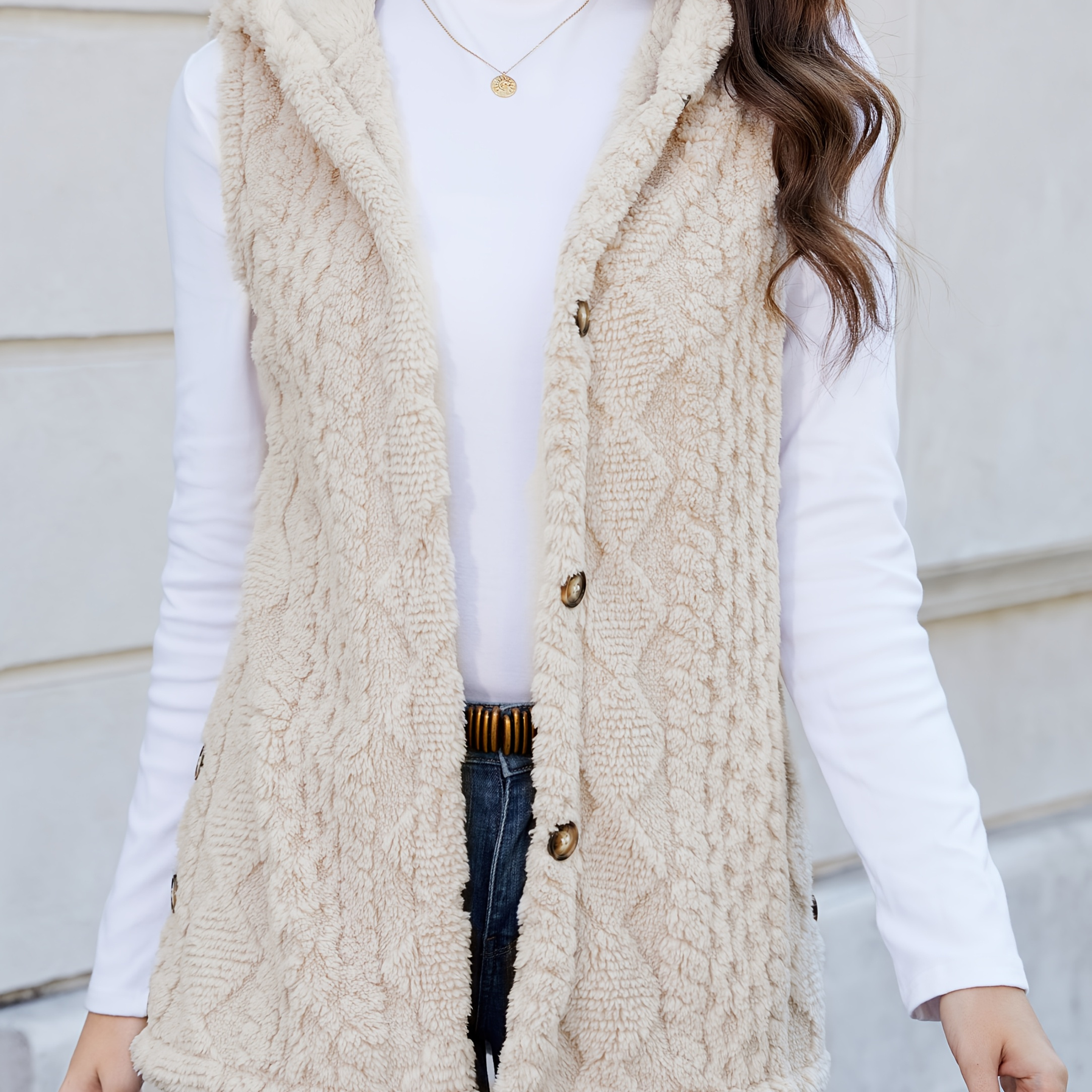 

1pc Cardigan élégant pour femme - Gilet à capuche en polyester de couleur unie, manteau toutes avec fermeture à boutons, tissu tissé, pour adultes