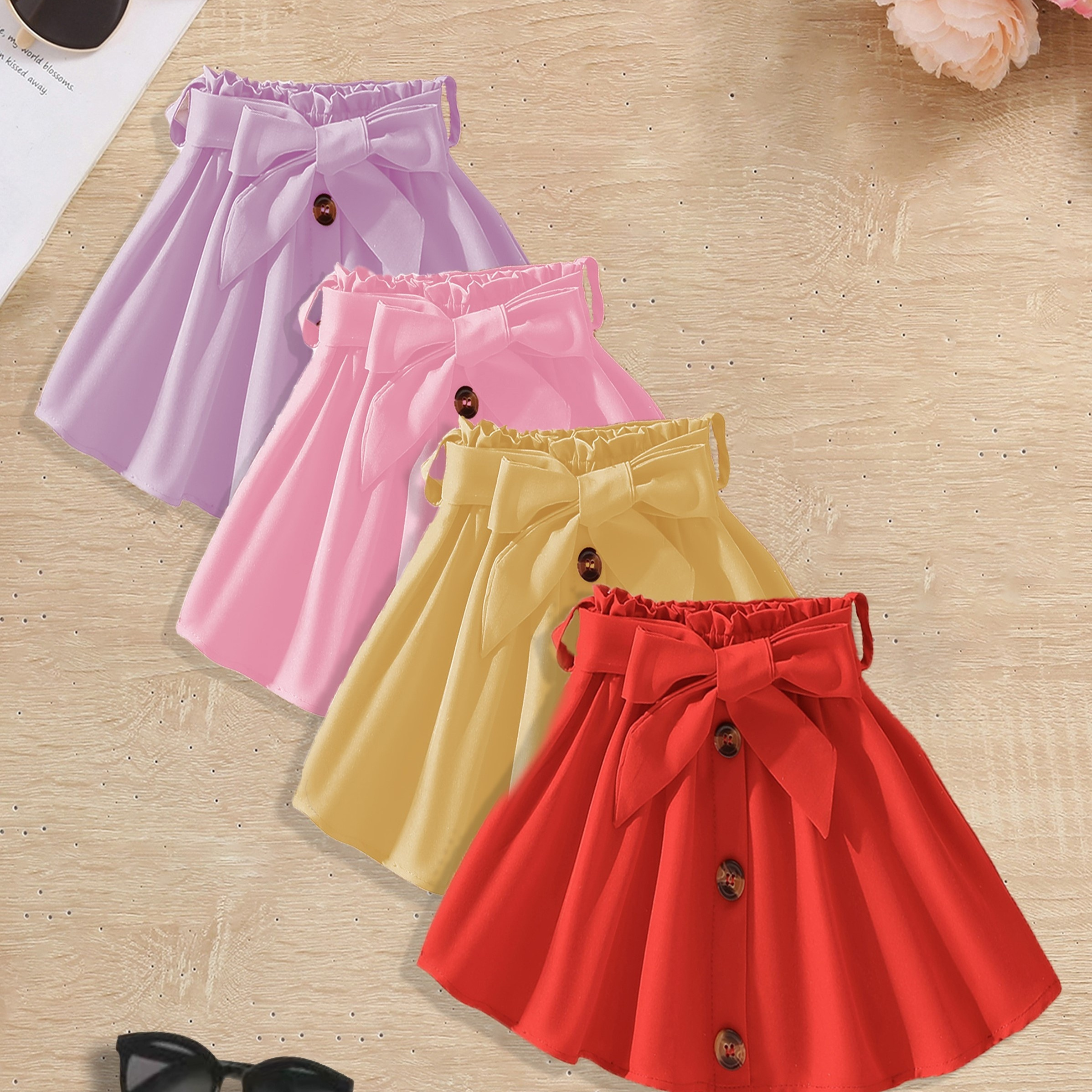 

4-pack Girls Fashion Pleated Skirts, Casual Style, Assorted Colors With Bow Detail, Button-up Front, For Kids