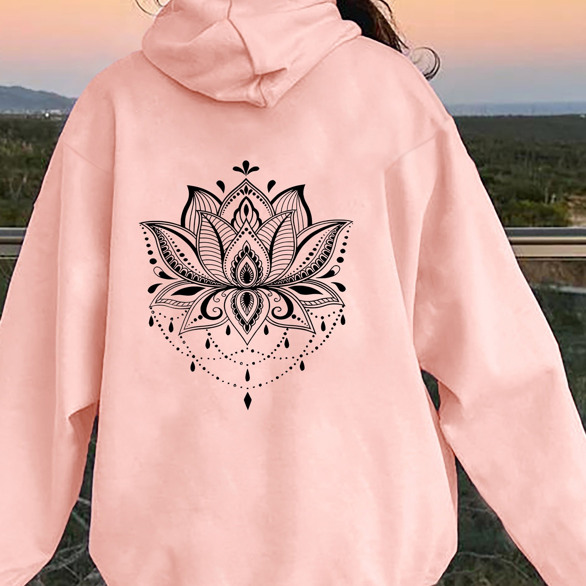 

1pc Sweat à capuche géométrique pour femme, motif lotus, pull décontracté en polyester avec poches, sweat à capuche à cordon de serrage pour , l'été et