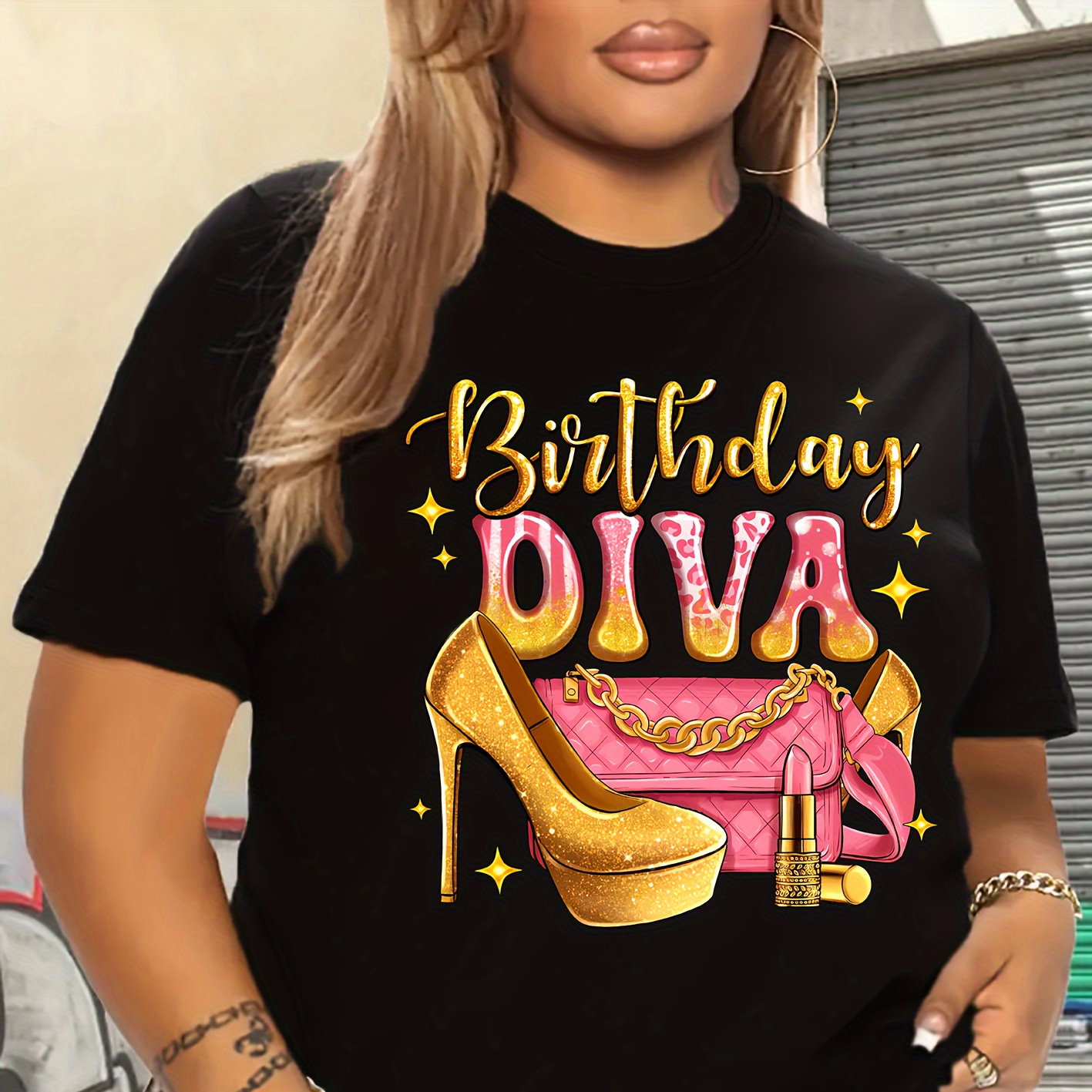

Women's Plus Size Casual Sporty T-shirt, Purse & High Heels Birthday Diva Print, Comfort Fit Short Sleeve Tee, Fashion Breathable Casual Top