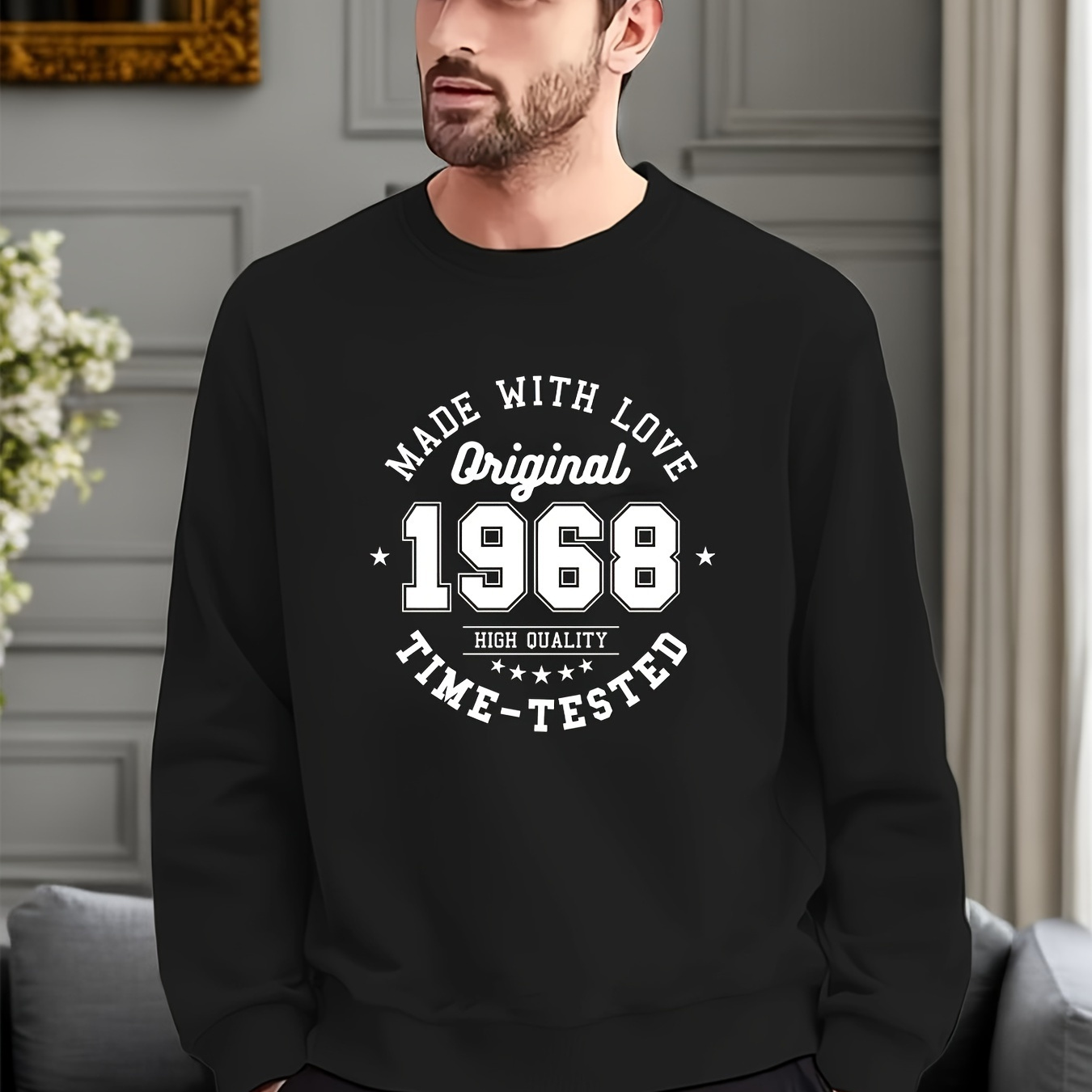 

''1968'' Print Men's Graphic Round Neck Sweatshirt, Loose Trendy Pullover, Men's Clothing For Autumn Winter