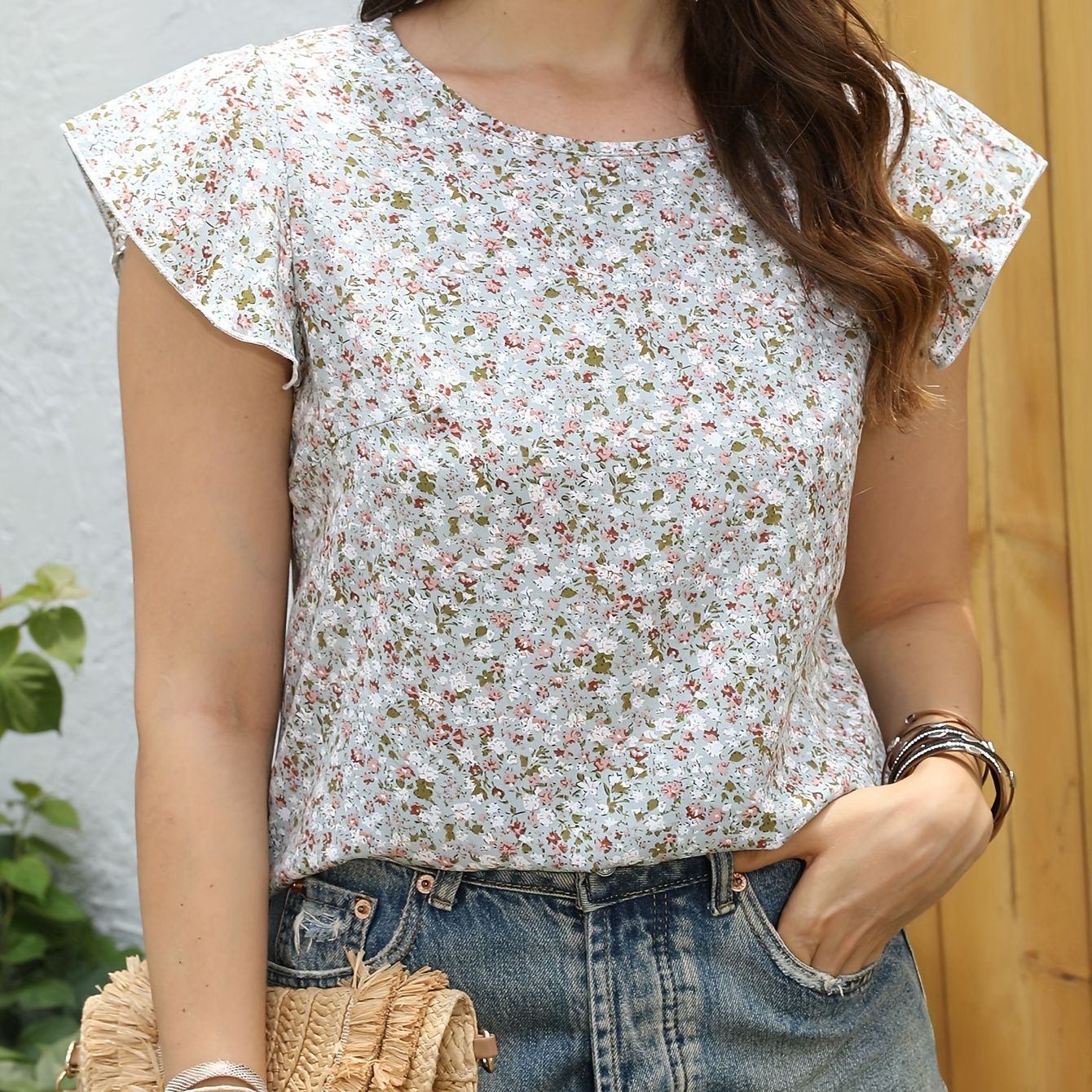 

Ditsy Floral Print Blouse, Casual Crew Neck Ruffle Sleeve Blouse, Women's Clothing