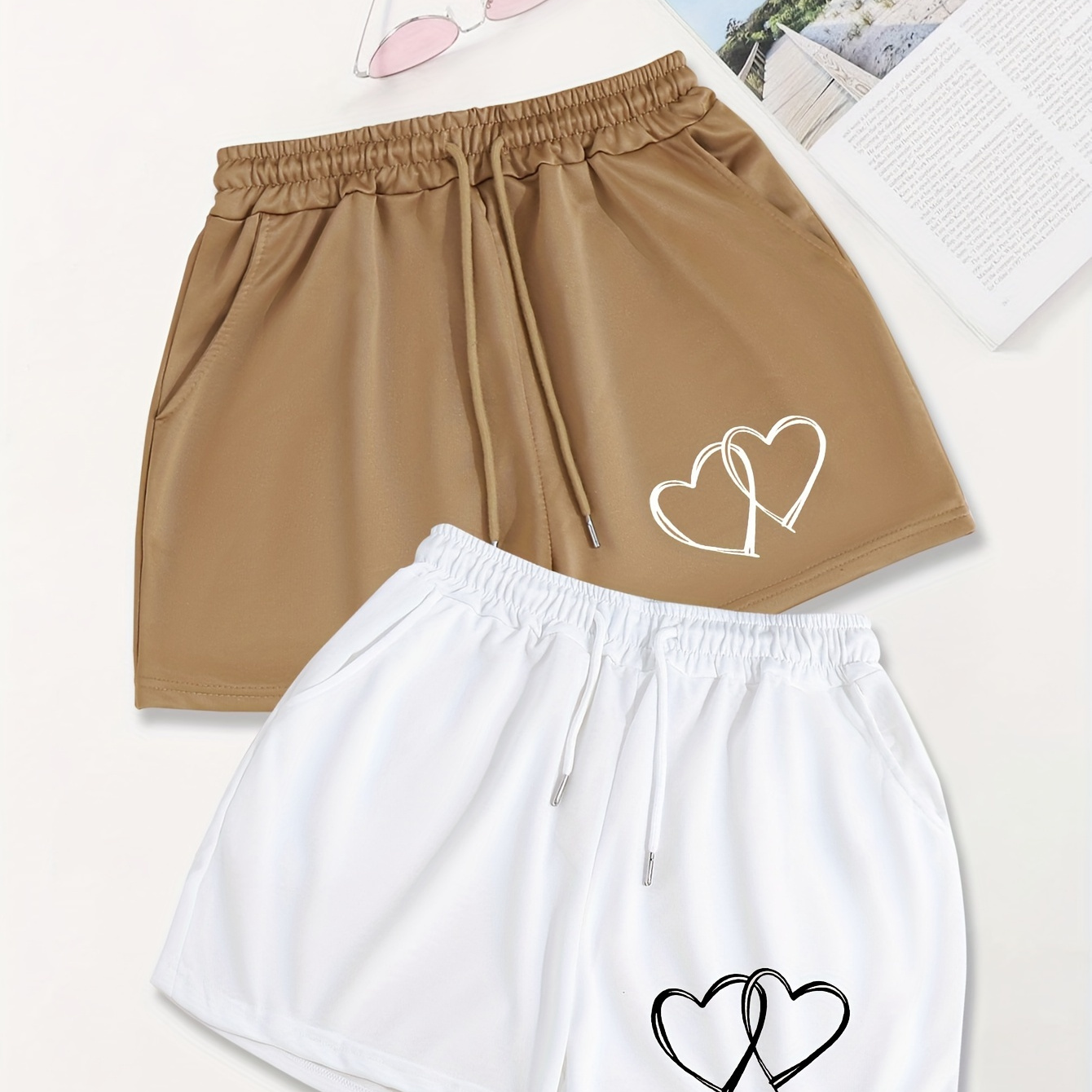 

Heart Print Shorts 2 Pack, Casual Drawstring Sporty Shorts For Spring & Summer, Women's Clothing