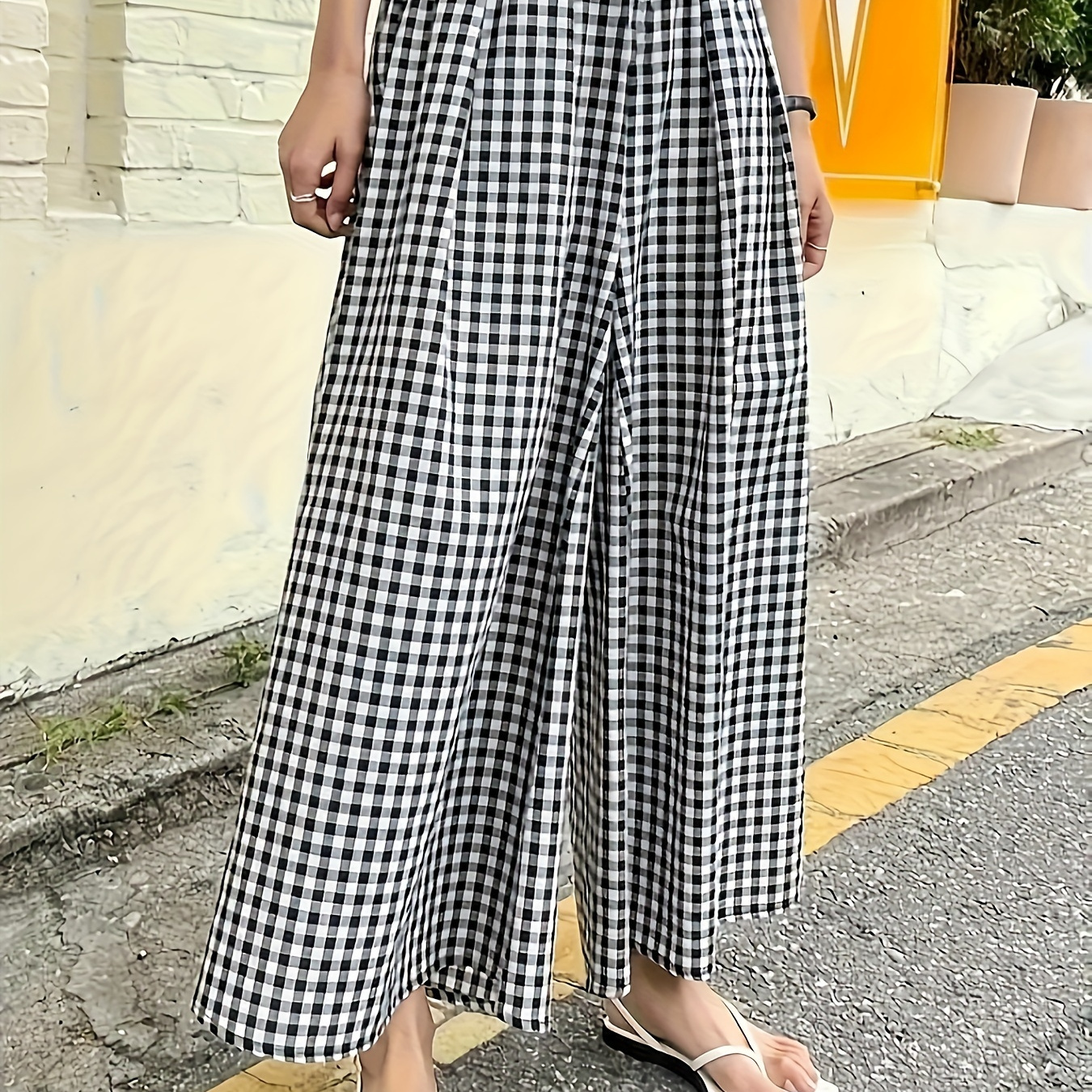 

Plaid Print Pleated Wide Leg Pants, Vacation Elastic Waist Comfy Pants For Spring & Summer, Women's Clothing