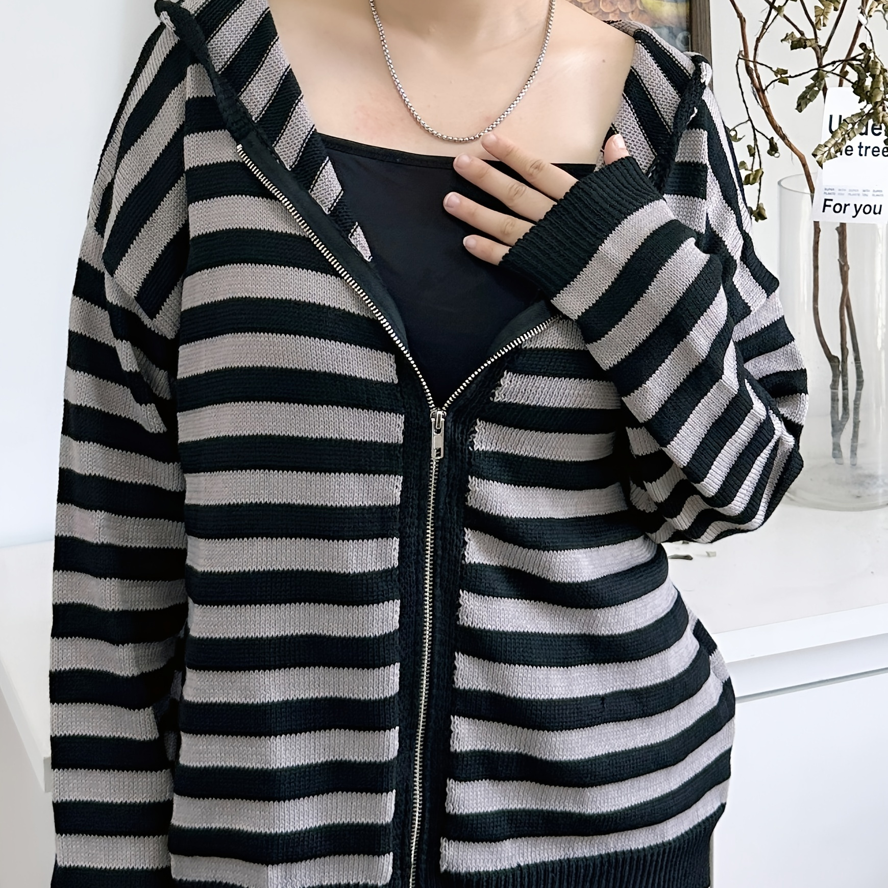 

Grunge Striped Drop Shoulder Hooded Cardigan, Y2k Long Sleeve Zip Up Cardigan For Spring & Fall, Women's Clothing