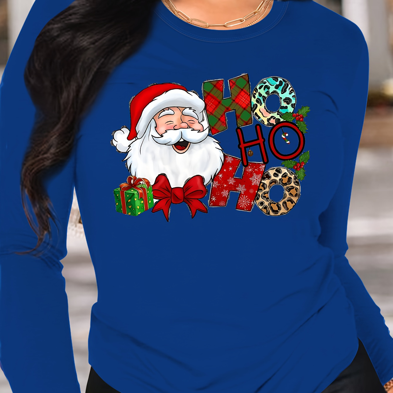 

Women's Festive Santa Claus Print Long Sleeve T-shirt - Casual Crew Neck, Polyester Blend, Machine Washable - Perfect For Fall & Winter