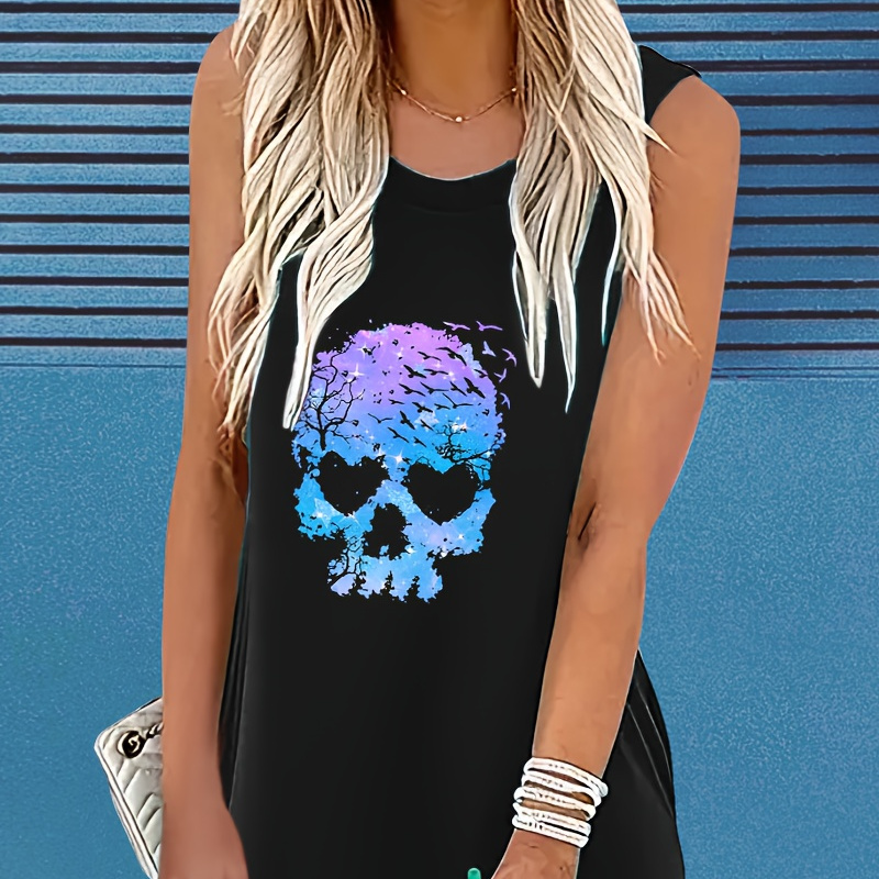 

Colorful Skull Head Print Sleeveless Tee Dress, Casual Crew Neck Tank Dress For Spring & Summer, Women's Clothing