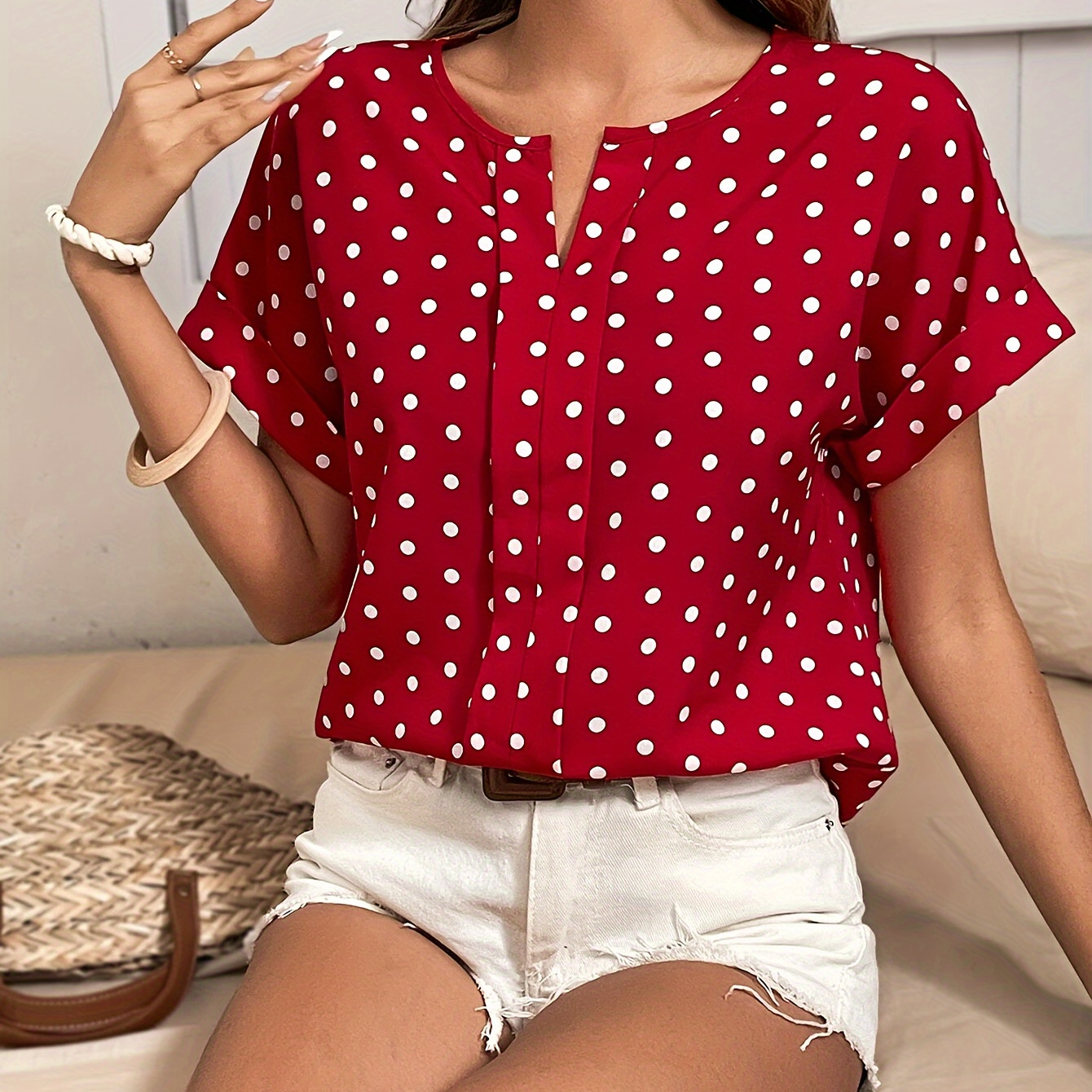 

Plus Size Polka Blouse, Elegant Neck Short Sleeve Blouse For Summer, Women's Plus Size clothing