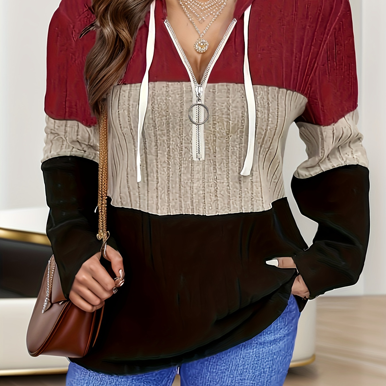 

[1pc Plus Size Hooded Sweatshirt] Plus Size Hooded Sweatshirt, Knitted Fabric, , Medium Stretch, With Zipper Detail, For All