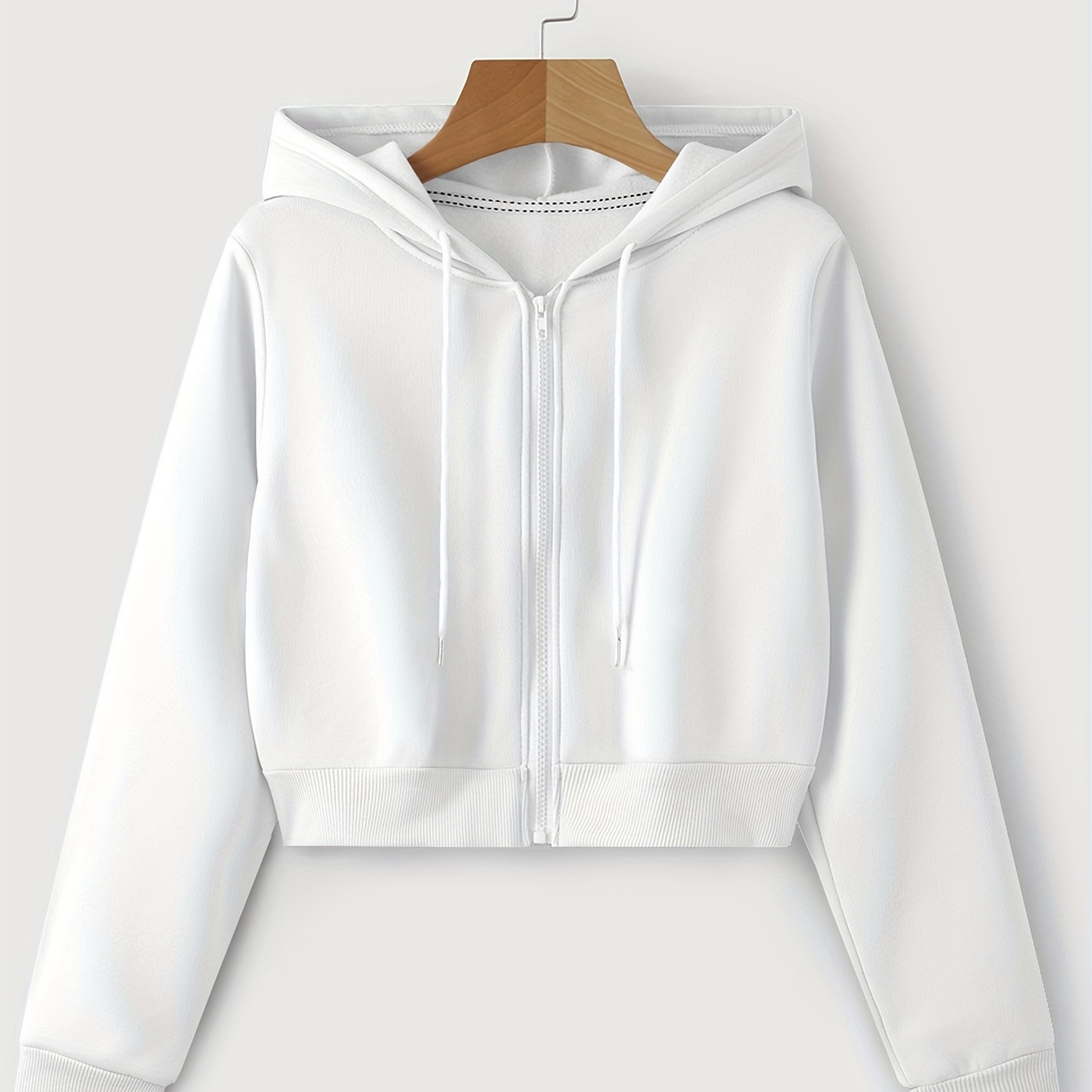 

Zip Up Cropped Drawstring Hoodie, Casual Long Sleeve Sweatshirt For Spring & Fall, Women's Clothing