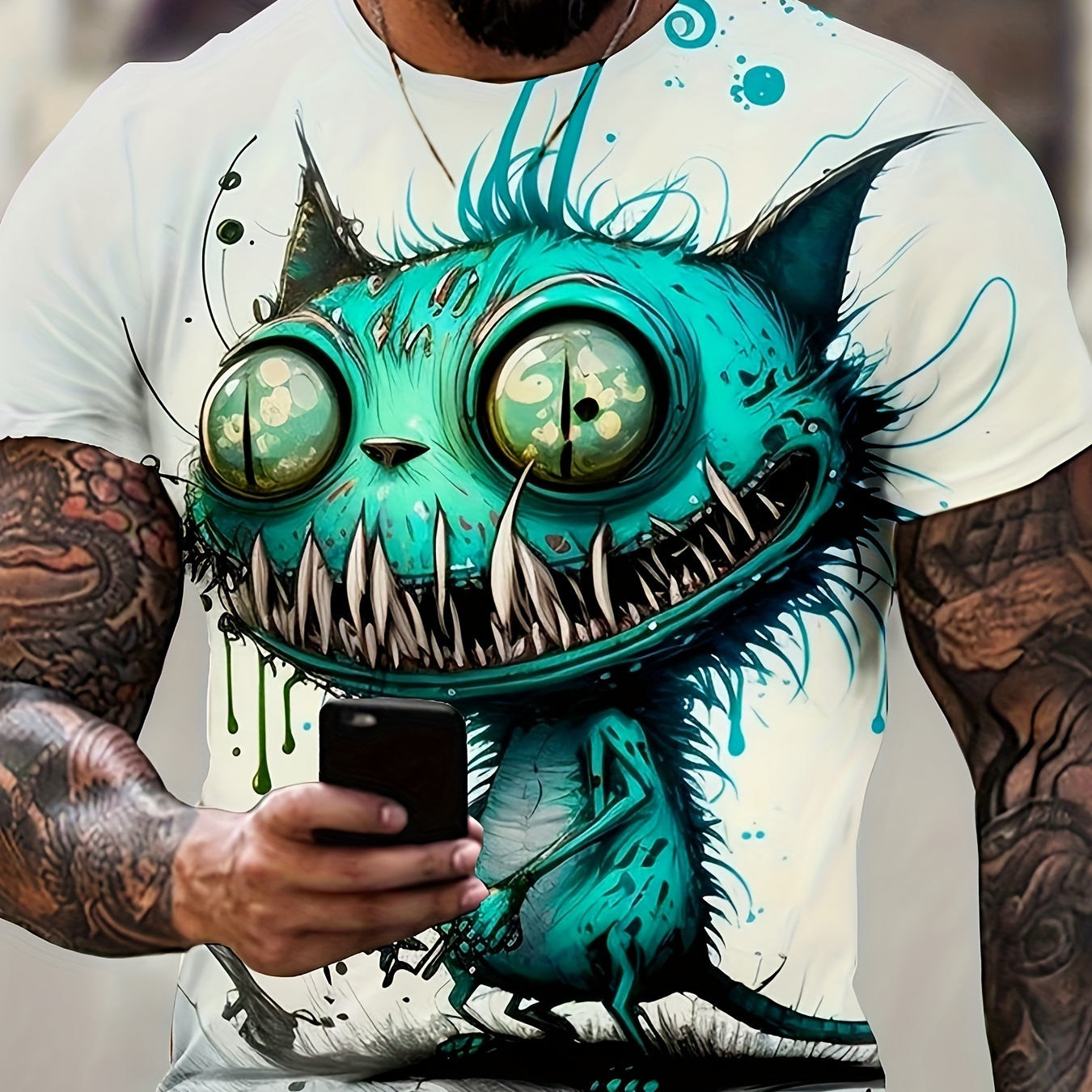 

Cartoon Style Cat Pattern Crew Neck And Short Sleeve T-shirt, Novel And Stylish Tops For Men's Summer Street Wear
