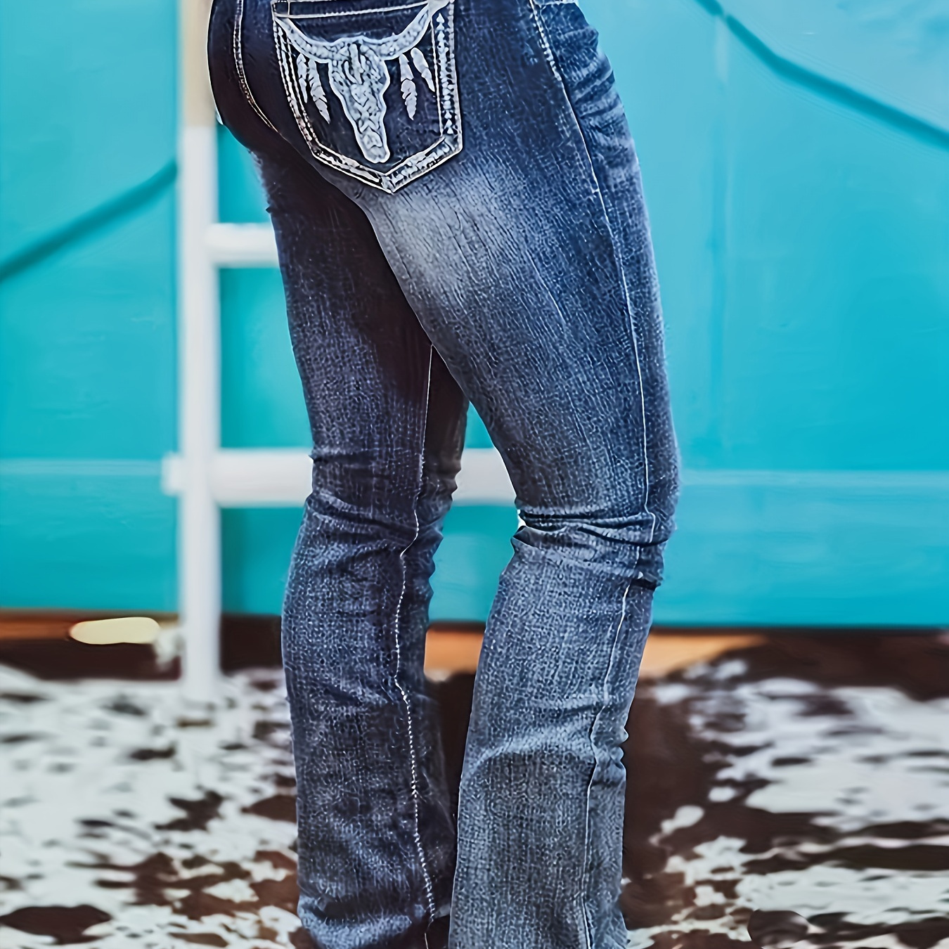 

Women's Stretch Embroidered Bull Head Flare Jeans, Casual Style Bootcut Denim Pants, Fitted Bell Bottoms With Detailed Stitching - Perfect For Fall & Winter