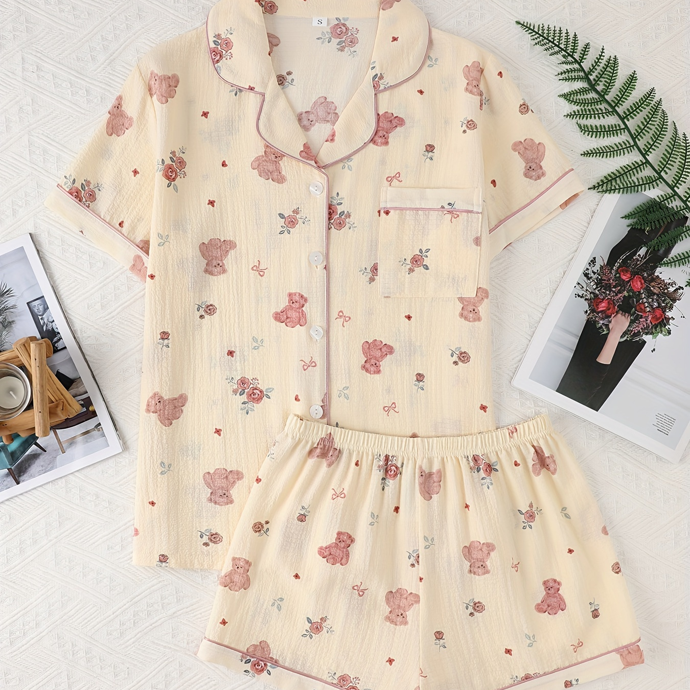 

Women's Bear & Rose Print Textured Sweet Pajama Set, Short Sleeve Buttons Lapel Top & Shorts, Comfortable Relaxed Fit