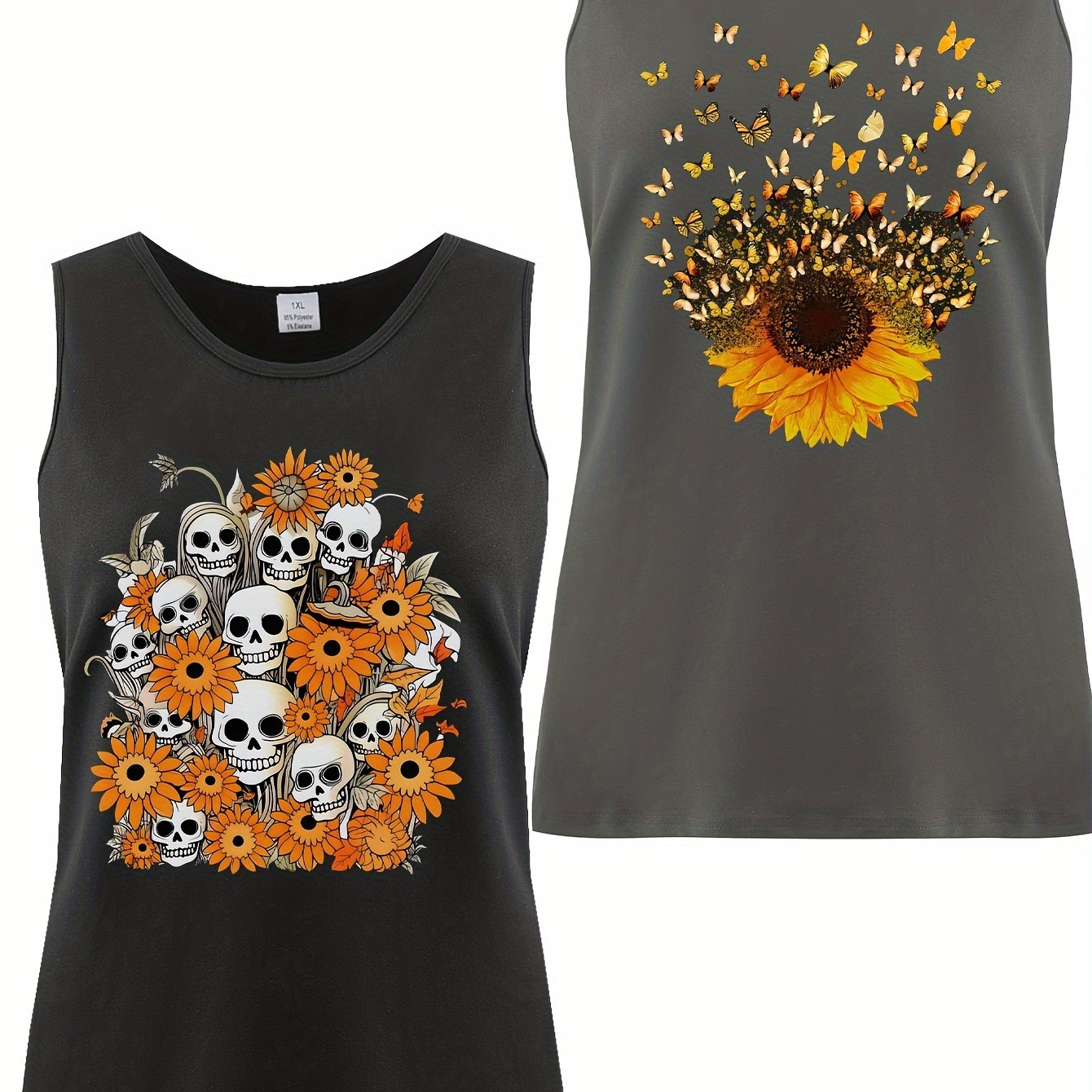 

2packs Plus Size sunflower Print Tank Tops, Casual Crew Neck Tank Top For Summer, Women's Plus Size clothing
