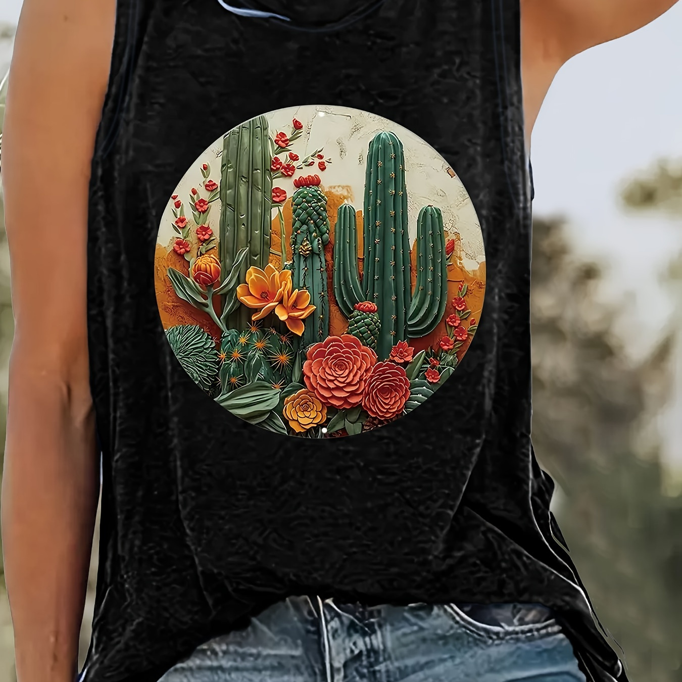 

Three-dimensional Cactus Print Tank Top, Sleeveless Crew Neck Casual Top For Summer & Spring, Women's Clothing