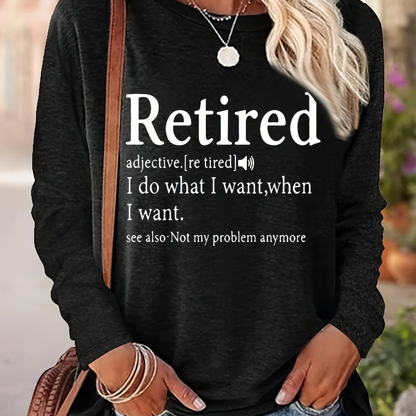 

Retired Long Sleeve T-shirt, Casual Crew Neck Knit Top, Polyester, Alphabet Pattern, Regular Length, For Spring/fall