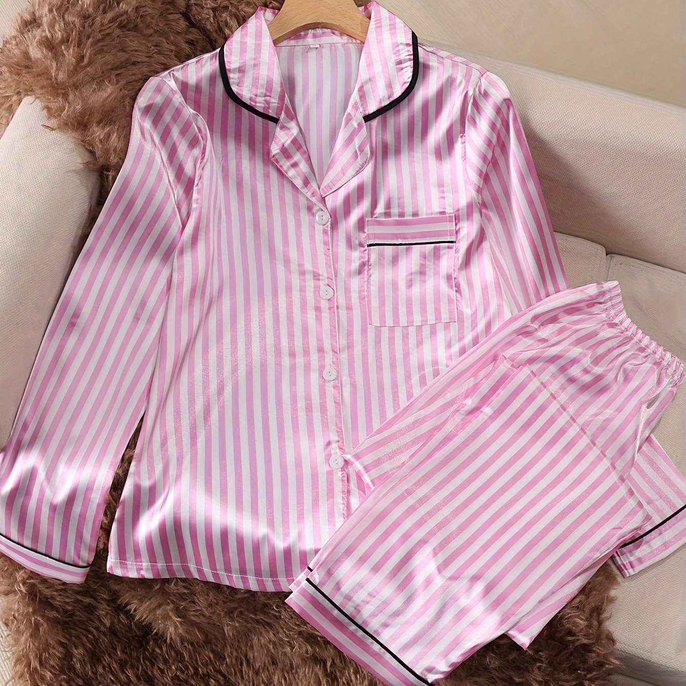 

2pcs Set Of Teenage ' Striped Printed Set Hemmed And Long Sleeves And Pants, Suitable