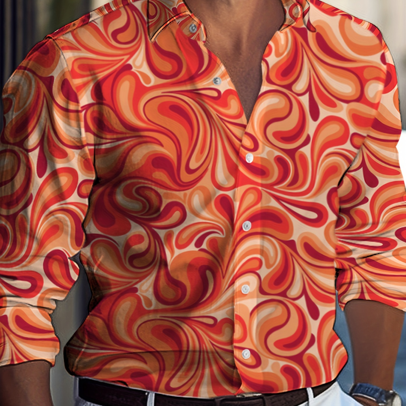 

Chemise à manches longues à imprimé tropical pour homme, 100% polyester, coupe standard, col à simple boutonné, tissu tissé, 120g/m², haut décontracté pour fête printemps/automne