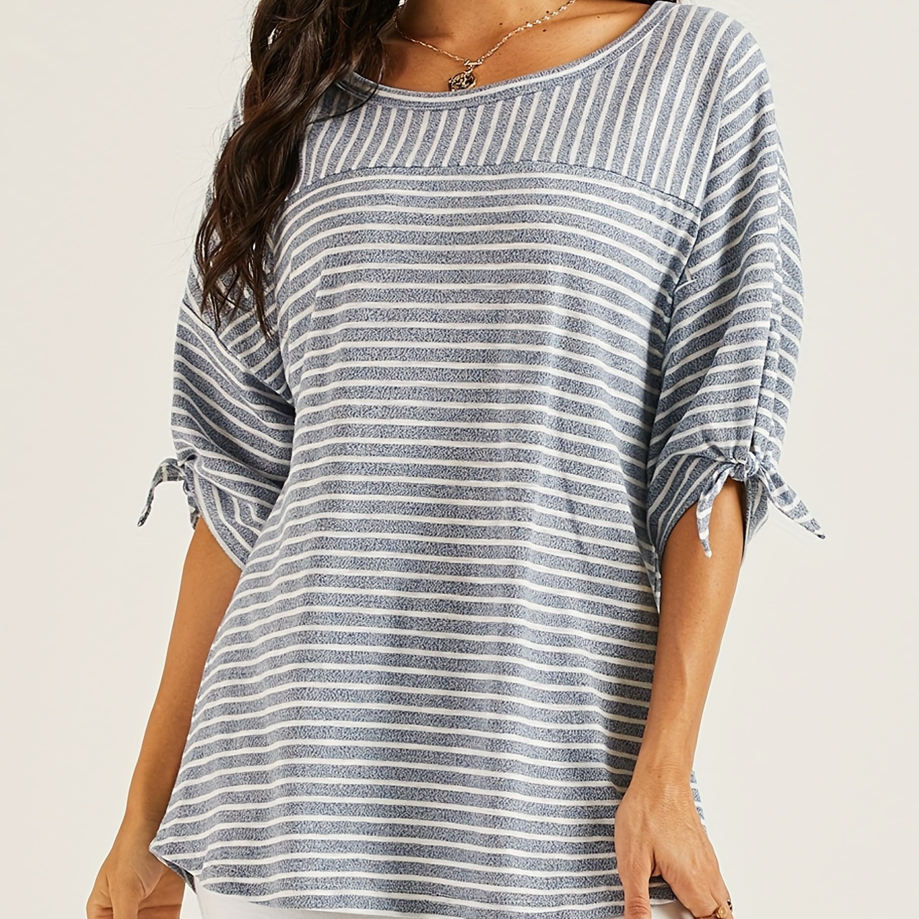 

Striped Knot Half Sleeve T-shirt, Casual Crew Neck Loose T-shirt For Spring & Summer, Women's Clothing