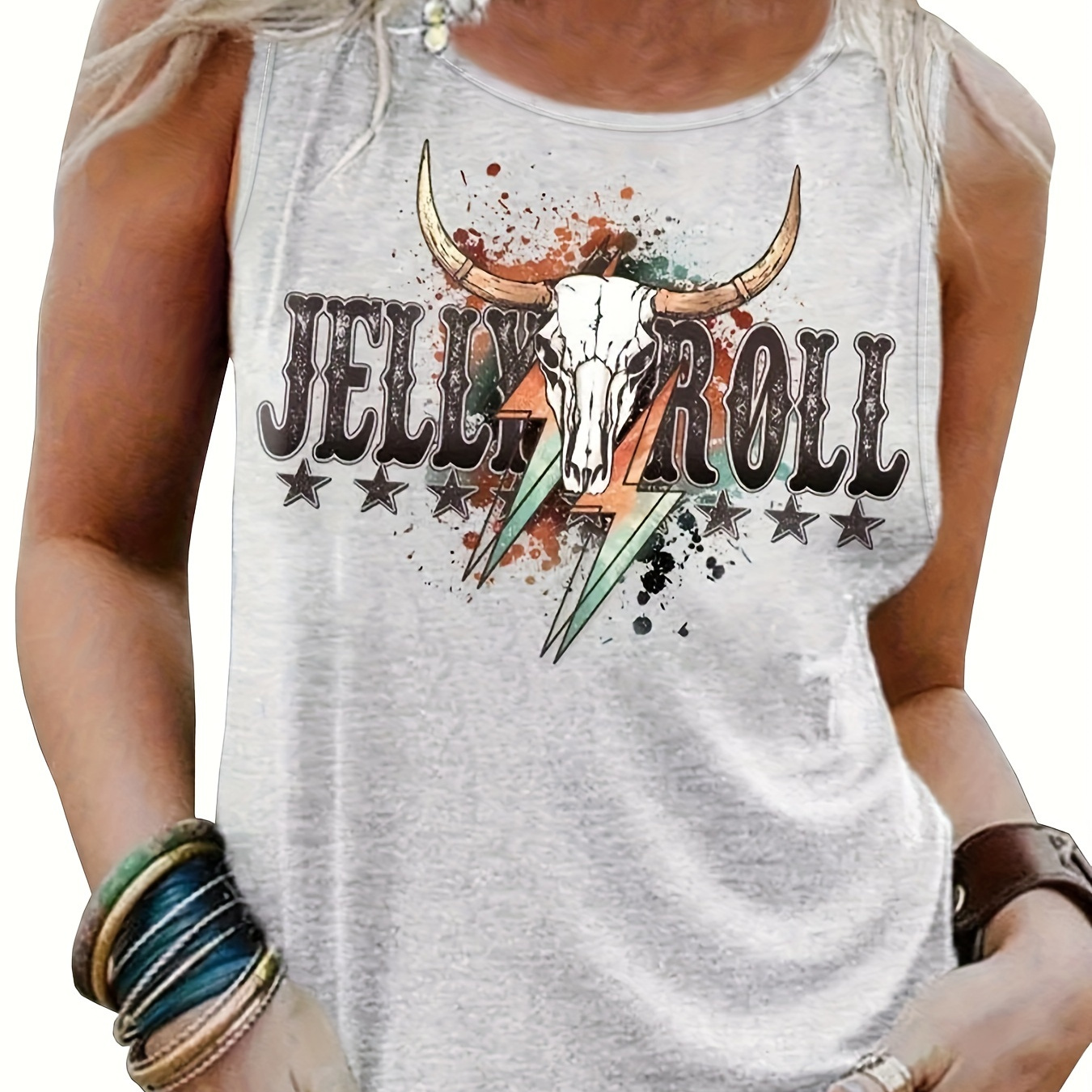 

Plus Size Cow Skull Print Tank Top, Casual Sleeveless Crew Neck Top For Summer & Spring, Women's Plus Size Clothing