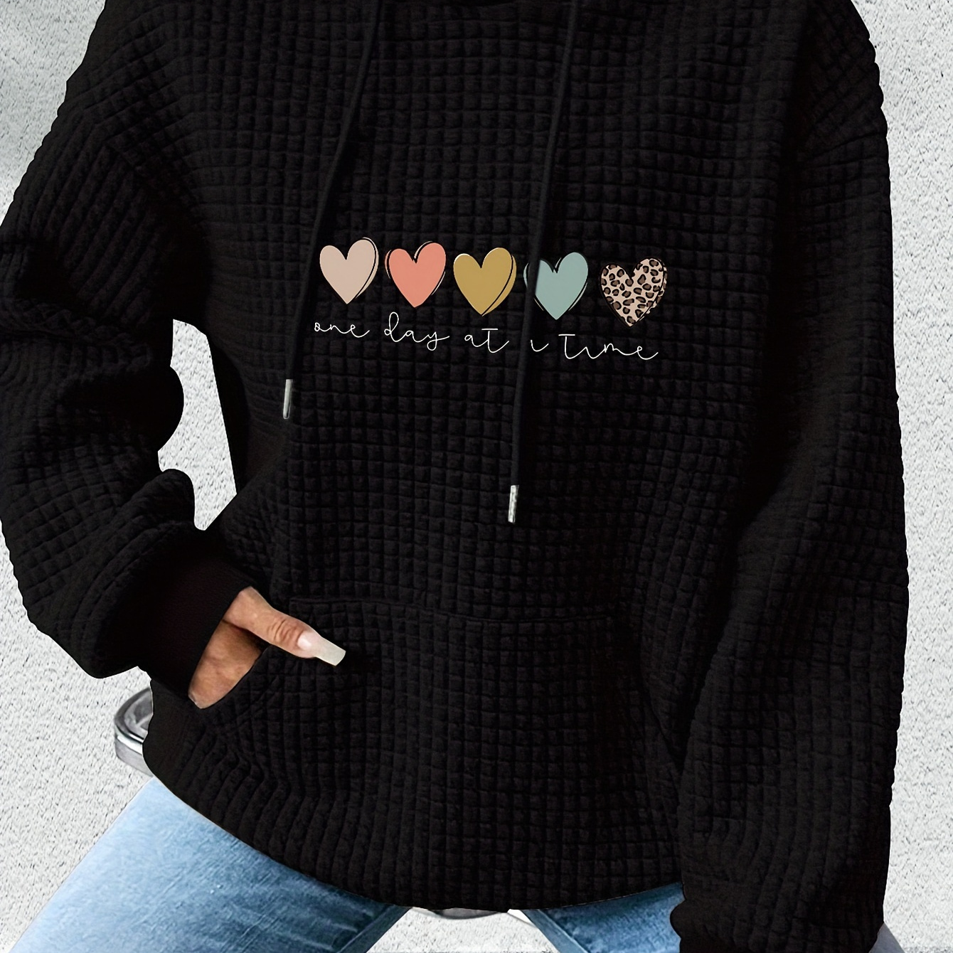 

Women's Cozy Waffle-knit Heart Pattern Hoodie - Casual Long Sleeve Pullover With Drawstring, Kangaroo Pocket | Polyester & Spandex , Machine Washable | Fall/winter