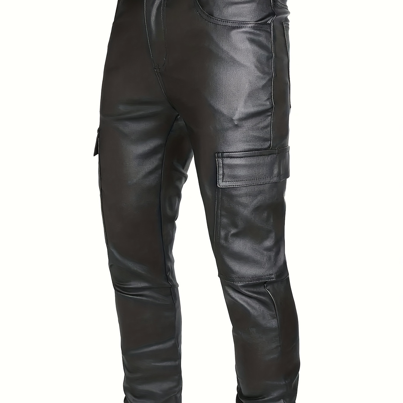 

Men's Casual Pu Leather Pants With Pockets, Polyester Lined, Medium Stretch, Solid Color, Regular Fit, Woven Active Trousers