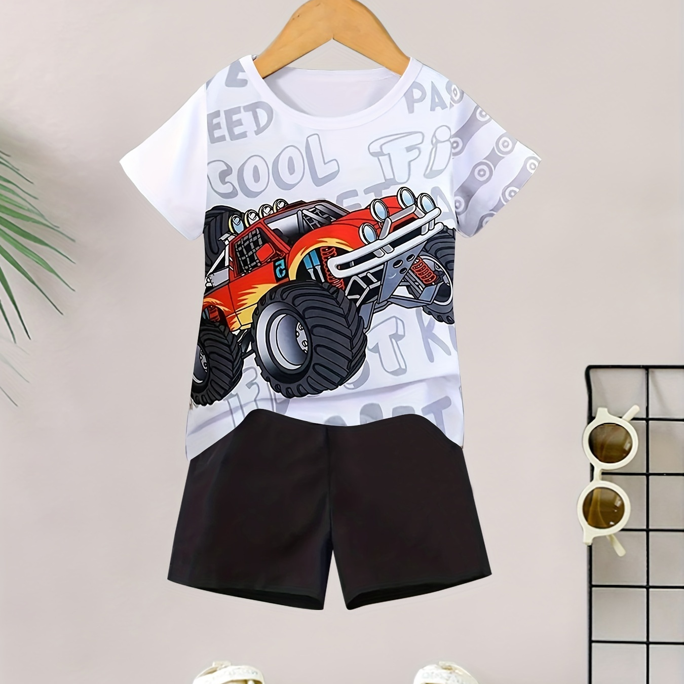 

2pcs Boys Casual Cool Monster Truck Graphic Print Short Sleeve T-shirt & Solid Color Shorts Set, Comfy Summer Boys Clothes