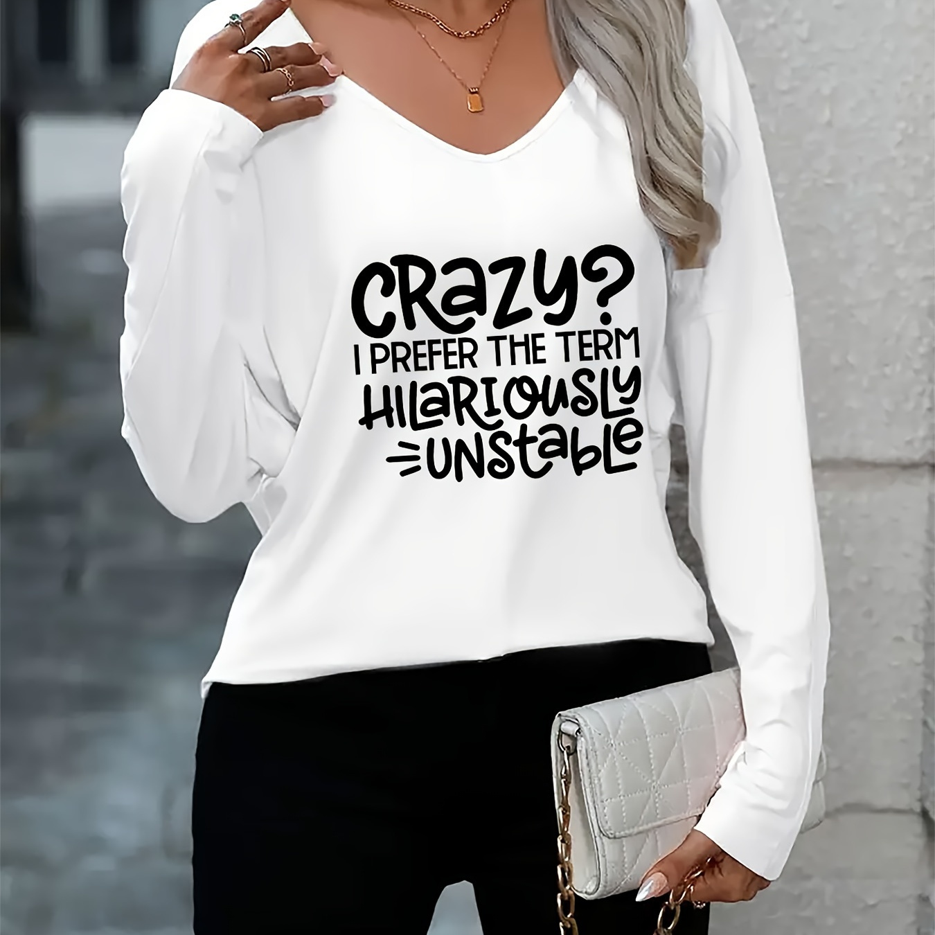 

Crazy The Hilariously - Letter Print Long Sleeve V-neck T-shirt, Casual Knit Fabric Top For Women,