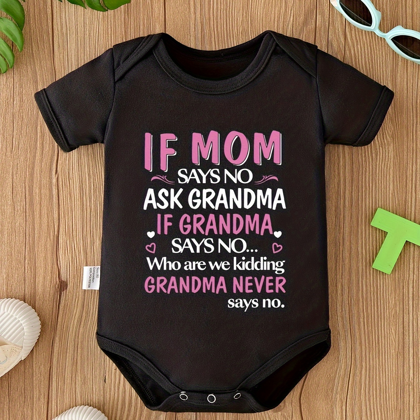 

Infant's "grandma Never Says No" Print Bodysuit, Casual Short Sleeve Onesie, Baby Girl's Clothing