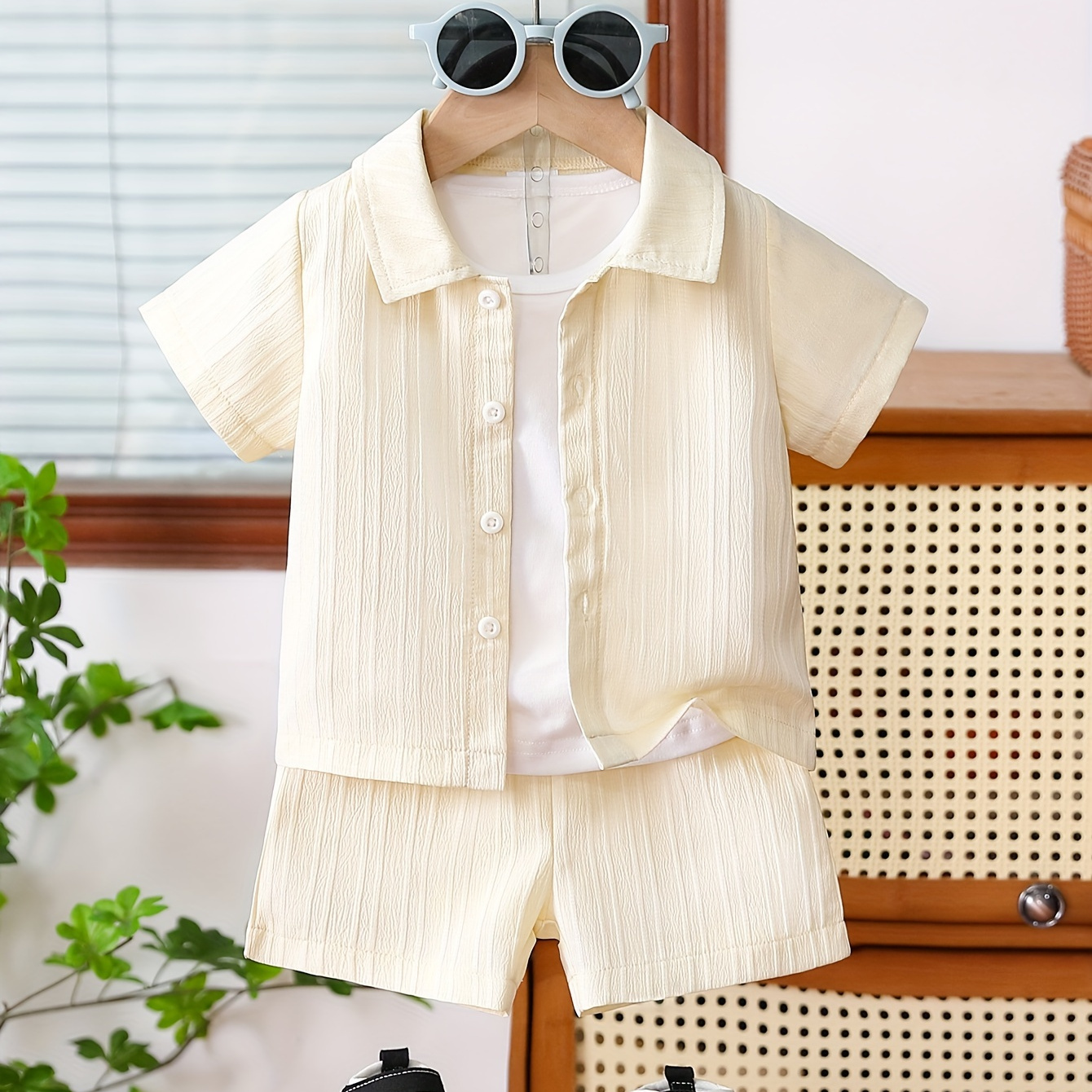 

2-piece Baby Boys Beige Casual Shirt Set, Summer Outfit With Short Sleeves And Shorts, Comfortable Kid's Clothing