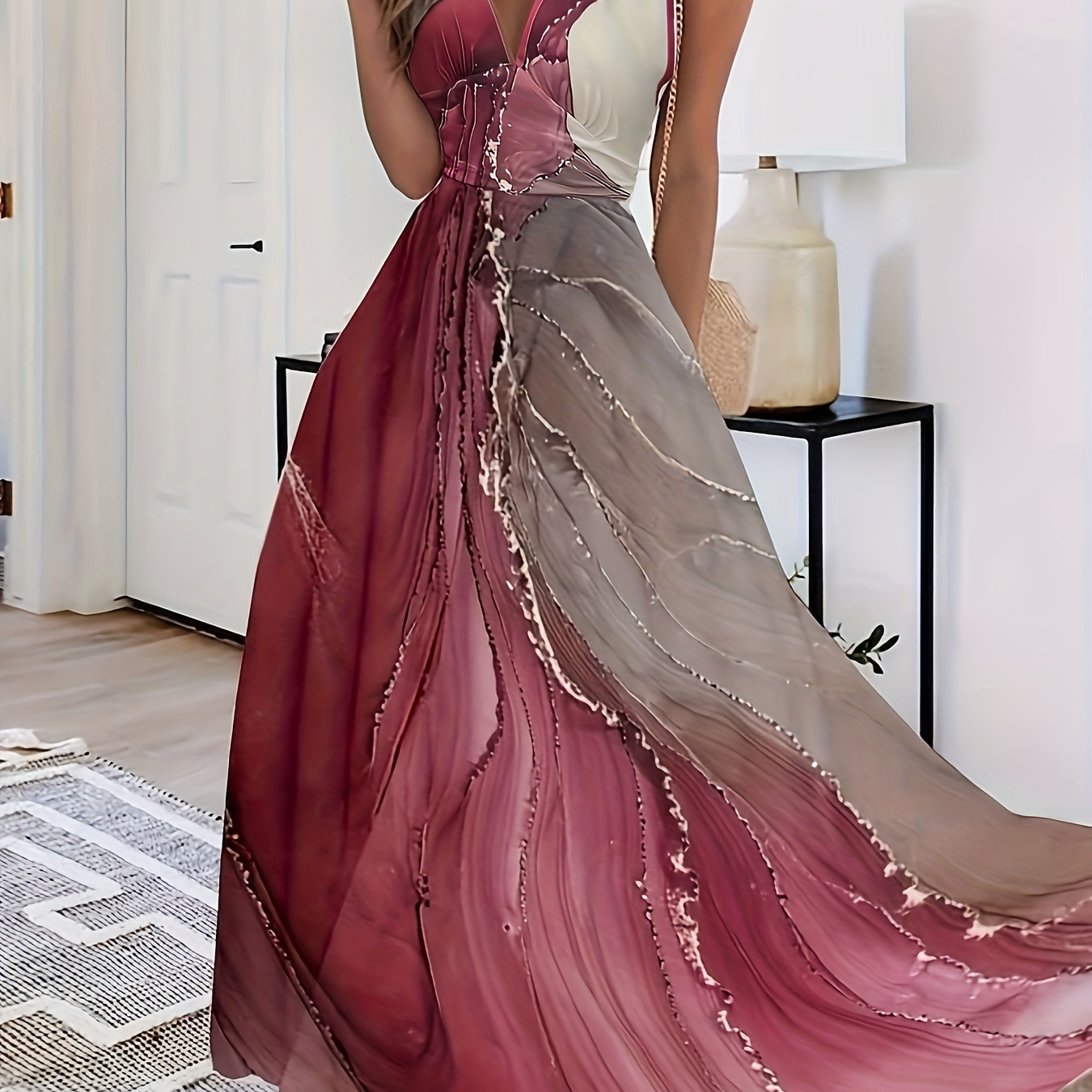

Marble Print Waist Tank Dress, Elegant Sleeveless V-neck Dress, Women's Clothing