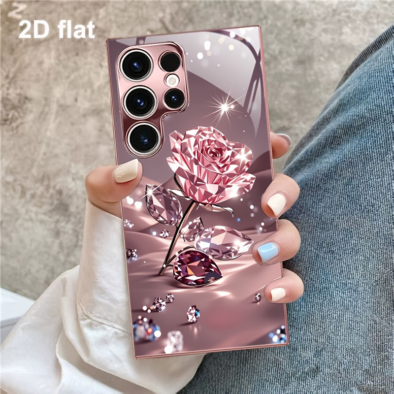 TEMU Phone Case: 2d Crystal Rose Romantic Pattern Electroplated Pink Phone Case, Suitable For S26/s26 Plus/s26 Ultra/s25/s25