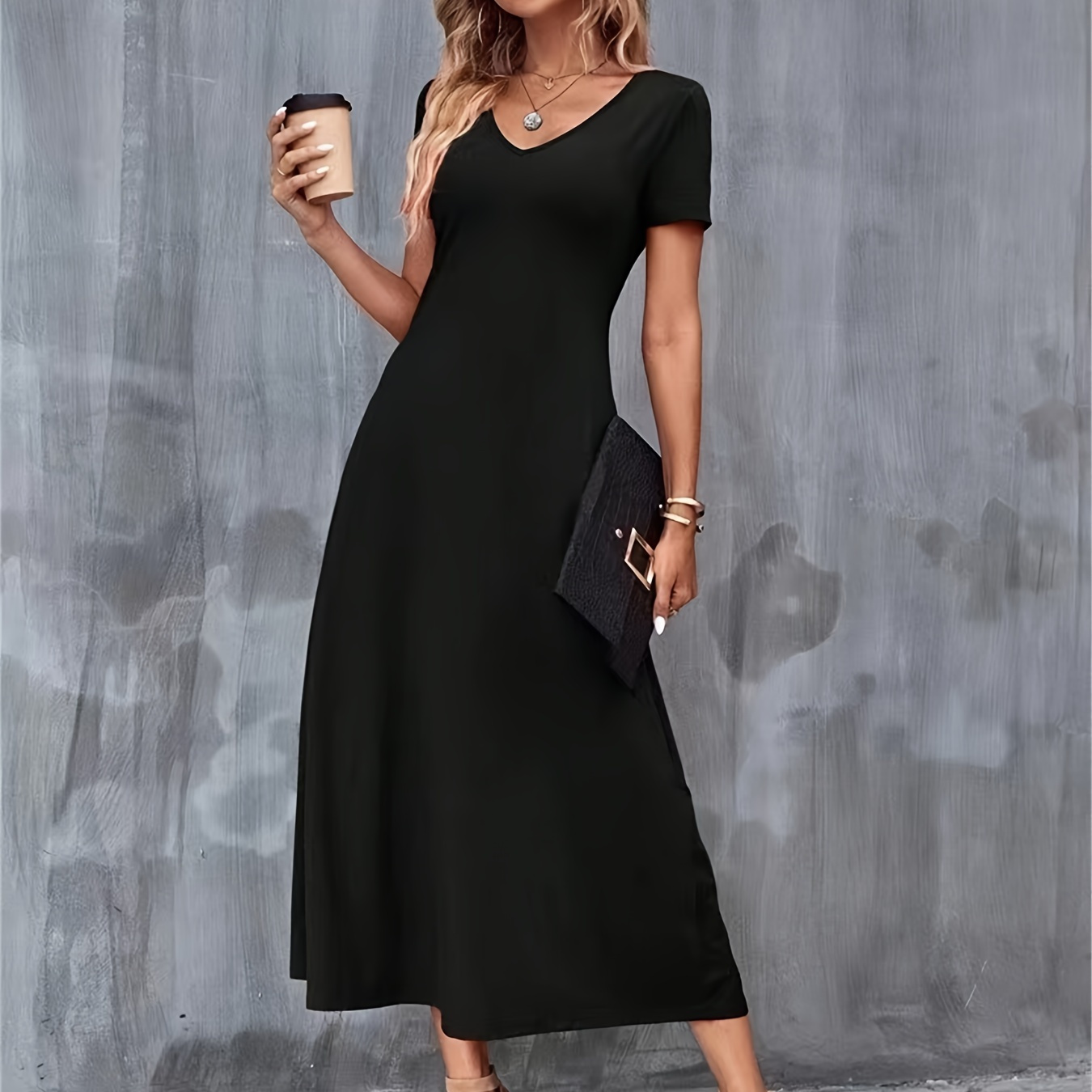 

Dual Pockets V Neck Dress, Elegant Short Sleeve Dress For Spring & Summer, Women's Clothing