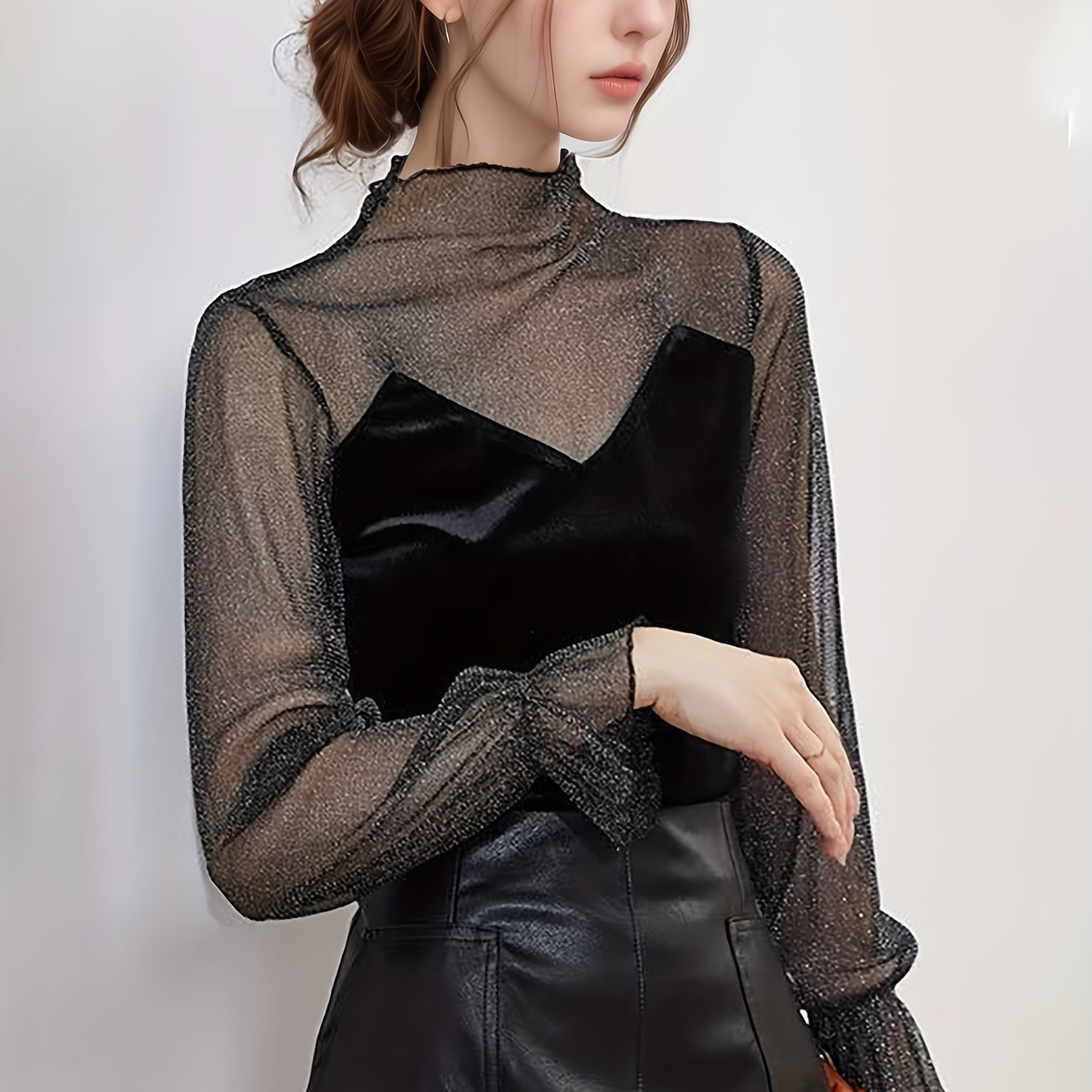 

Women's Elegant Bell Sleeve Velvet Blouse With Sheer Mesh Detail - High Neck, Long Sleeve, Stretchy & Versatile Fashion Top For Spring/fall