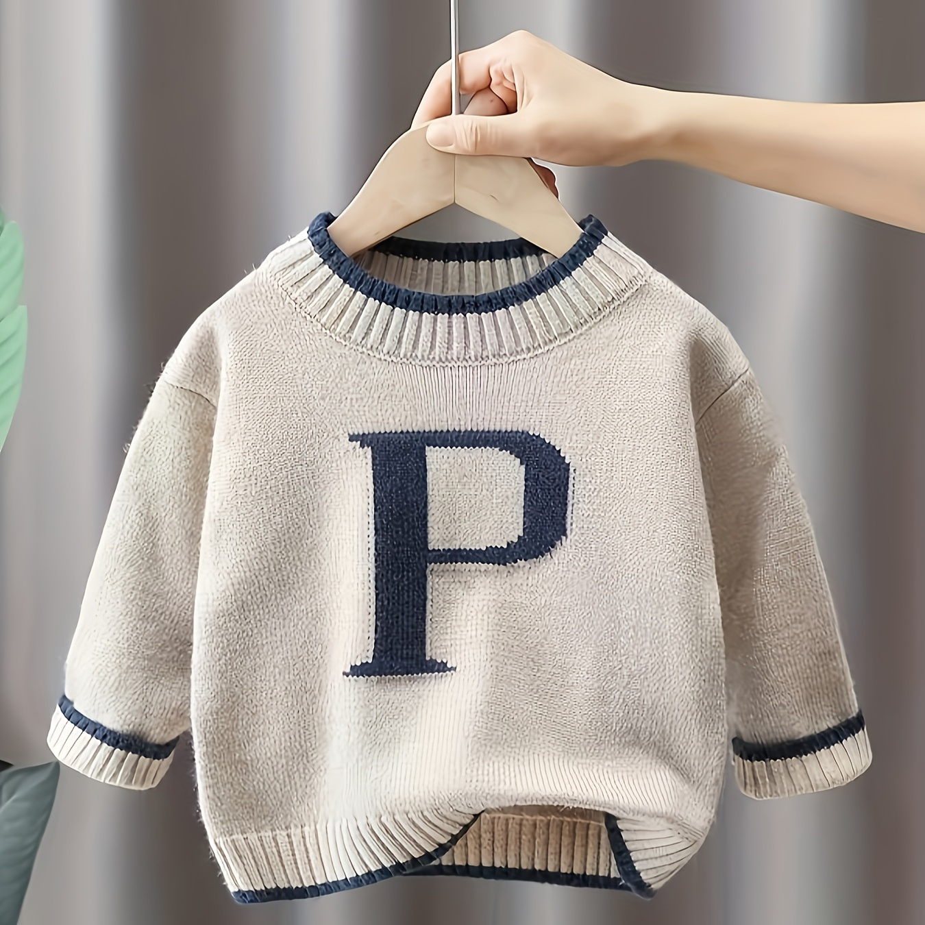 

Toddlers Baby Boys Casual Knit Sweater, Letter P Print Cozy Knitted Top For Fall Winter