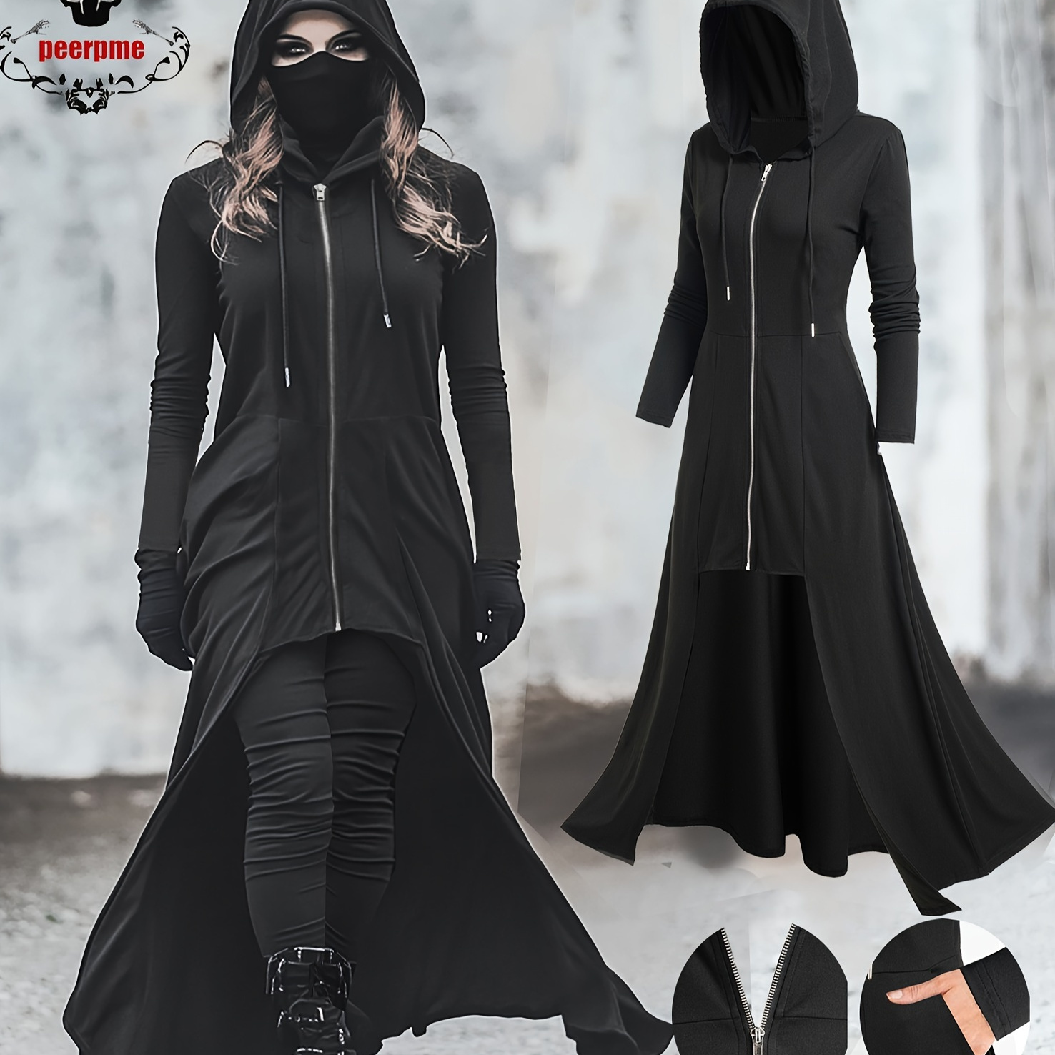 

Gothic Style Zip Up Jacket, Casual Long Sleeve Hooded Extra-long Jacket For Holiday & Cosplay, Women's Clothing