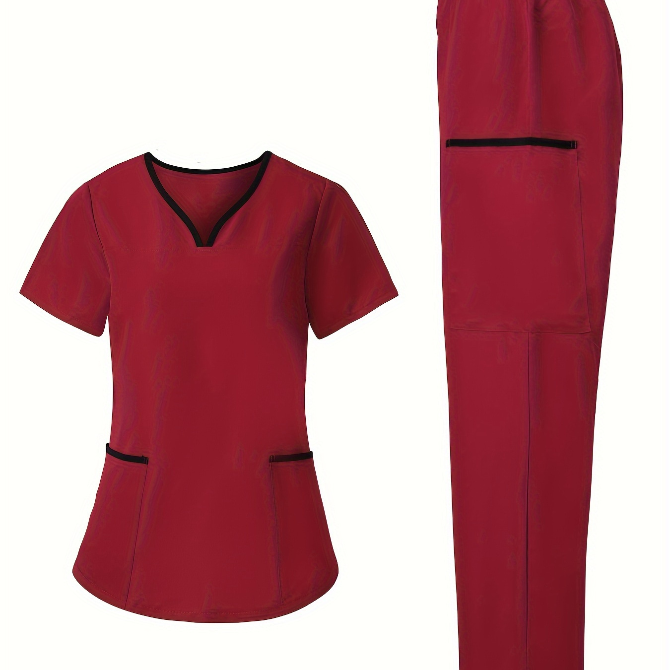 

Contrast Trim 2pcs Modern Scrub Set, V-neck 2 Pockets Scrub Top + Elastic Waist Scrub Bottoms, Breathable & Comfortable Health Care Uniform For Doctor, Nurse, Physician, Dentist, Women's Work Clothing