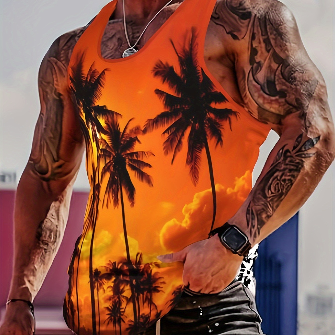 

Sunset Coconut Tree Print Casual Slightly Stretch Round Neck Tank Top, Men's Tank Top For Summer Outdoor Gym Workout Bodybuilding Fitness