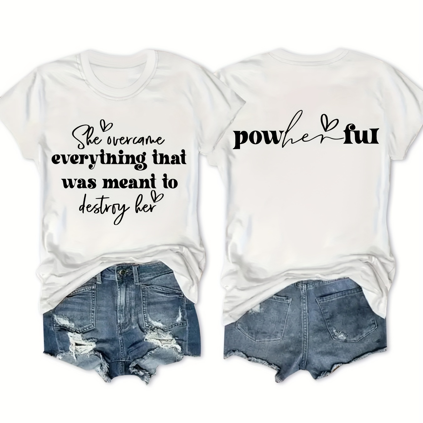 

Plus Size She Overcame Letter Print T-shirt, Casual Short Sleeve Crew Neck Top For Spring & Summer, Women's Plus Size Clothing