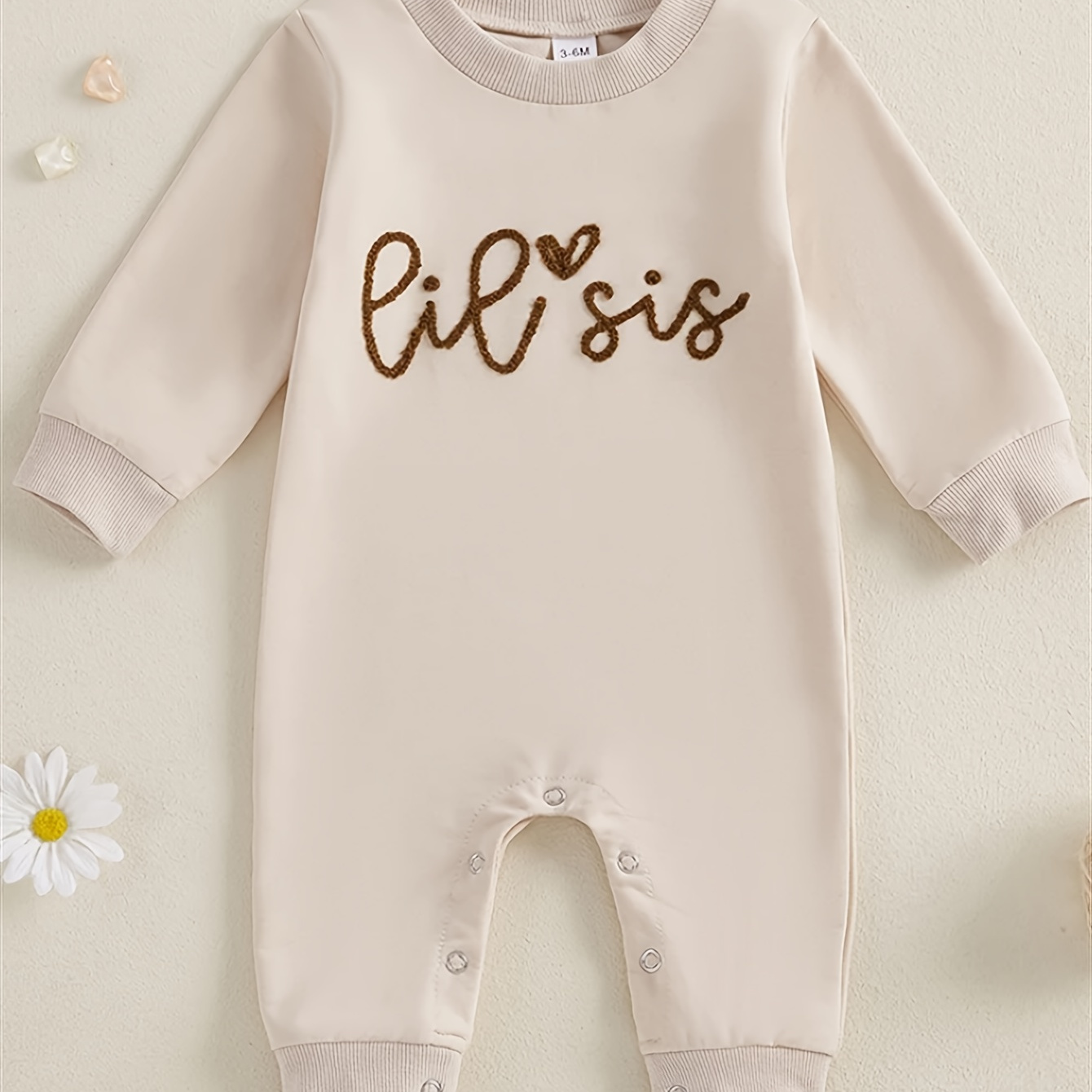 

Cotton Blend Lil Sis Embroidered Long Sleeve Romper For Infants - Casual Crew Neck, Slight Stretch, Alphabet Pattern, Straight Hem, Regular Fit, Knit Fabric - Ideal For Fall/winter