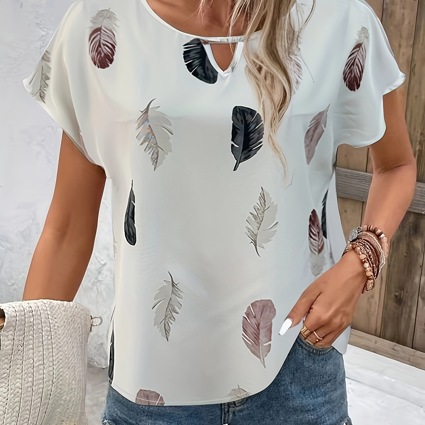 

Feather Print Keyhole Neck Blouse, Casual Cap Sleeve Blouse For , Women's Clothing