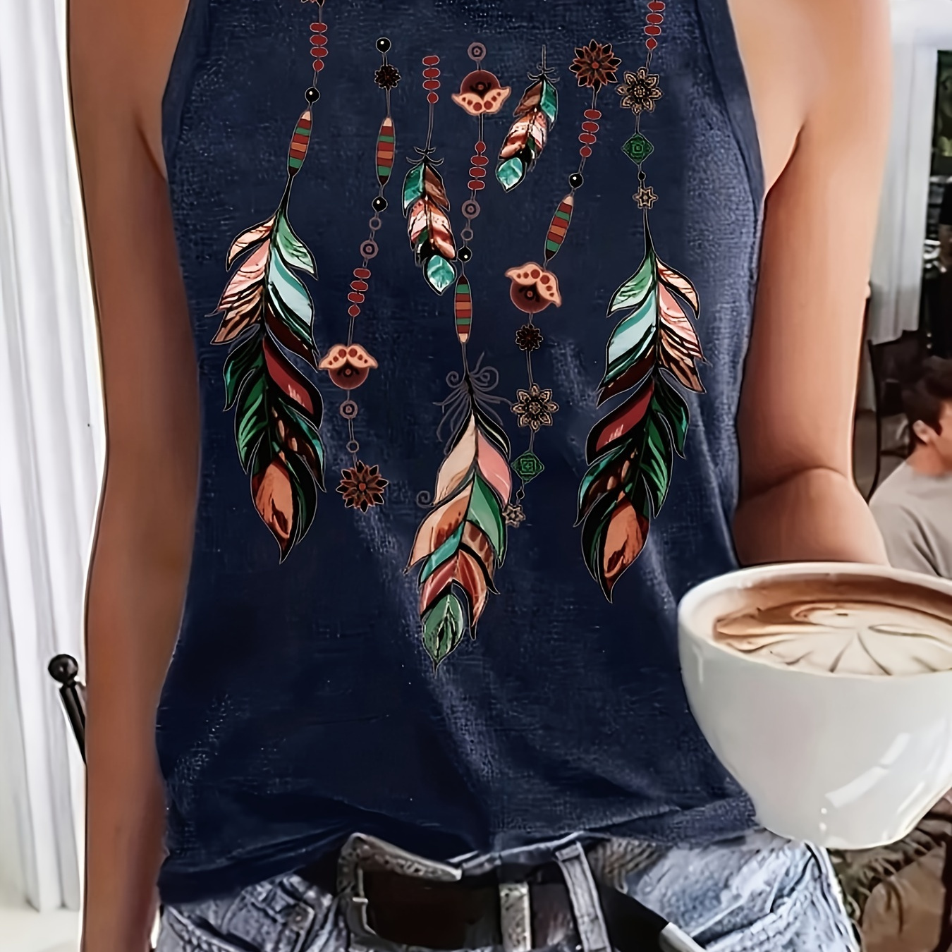 

Feather Print Crew Neck Tank Top, Casual Sleeveless Tank Top For Summer, Women's Clothing