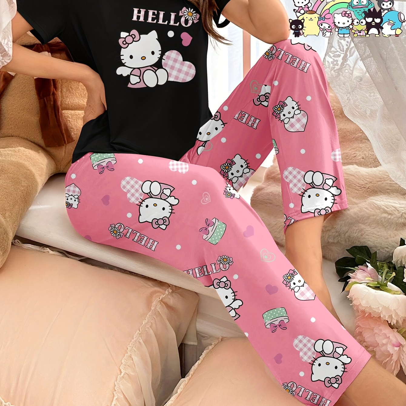 

Sanrio Hello Kitty Women's Pajama Set In Pink - Comfy Polyester Short-sleeve Crew Neck Top & Waist Long Pants, Adorable Cartoon Print, Loungewear, Hello Kitty Pajama Pants