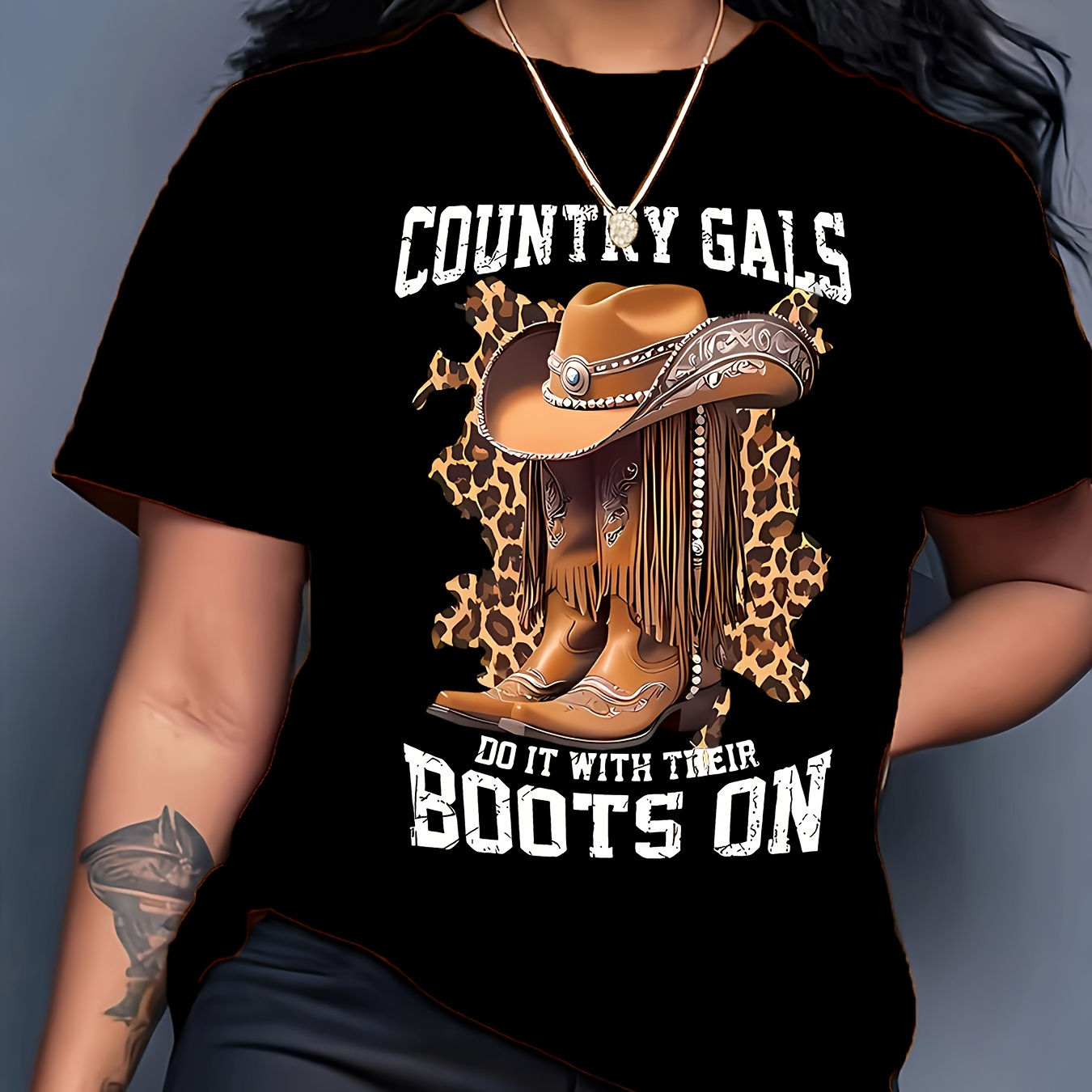 

1pc Country Gals Boots Graphic Tee, 100% Polyester Crew Neck Short Sleeve T-shirt, Casual Knit Fabric Top With Drawing Print, Fashion