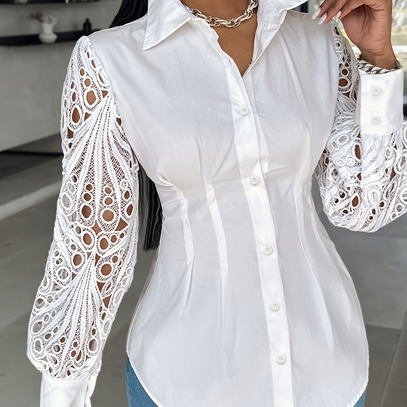 

1pc Elegant Polyester Shirting Blouse With Unique Lace-up Sleeves, Solid Color Lapel Collared Top For Adults