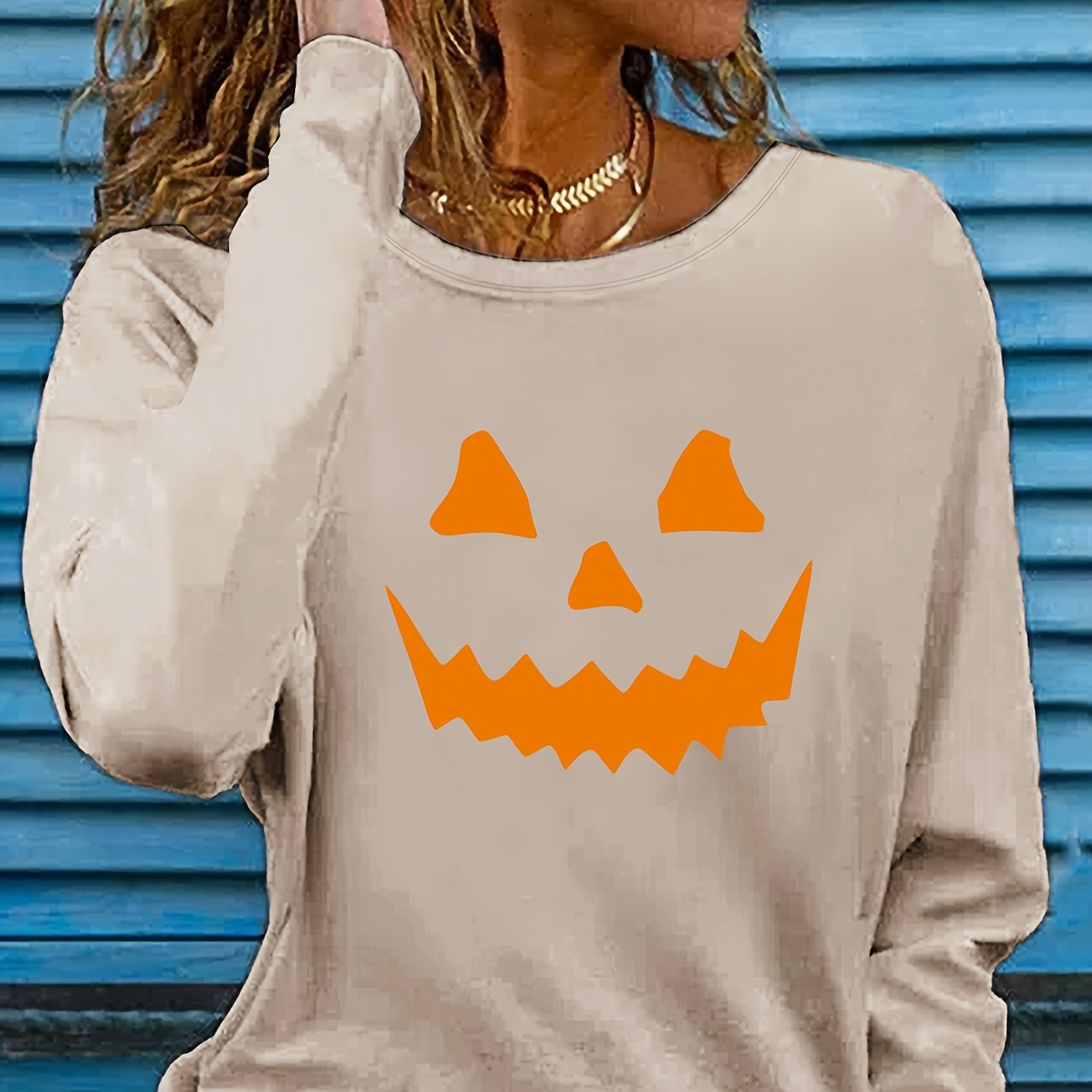 

Pumpkin Print T-shirt, Long Sleeve Crew Neck Casual Top For Spring & Fall, Women's Clothing