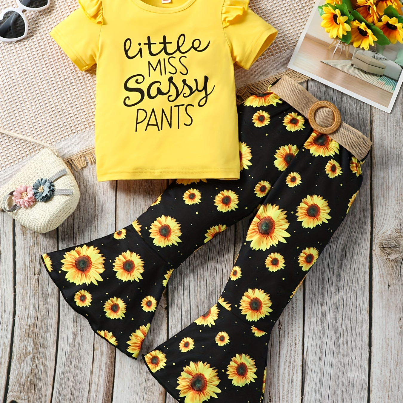 

2pcs Toddler Girls Letter "little Miss Sassy" Graphic Ruffle Trim T-shirt Tops & Sunflower Graphic Belted Flare Leg Pants Set Kids Spring Summer Clothes