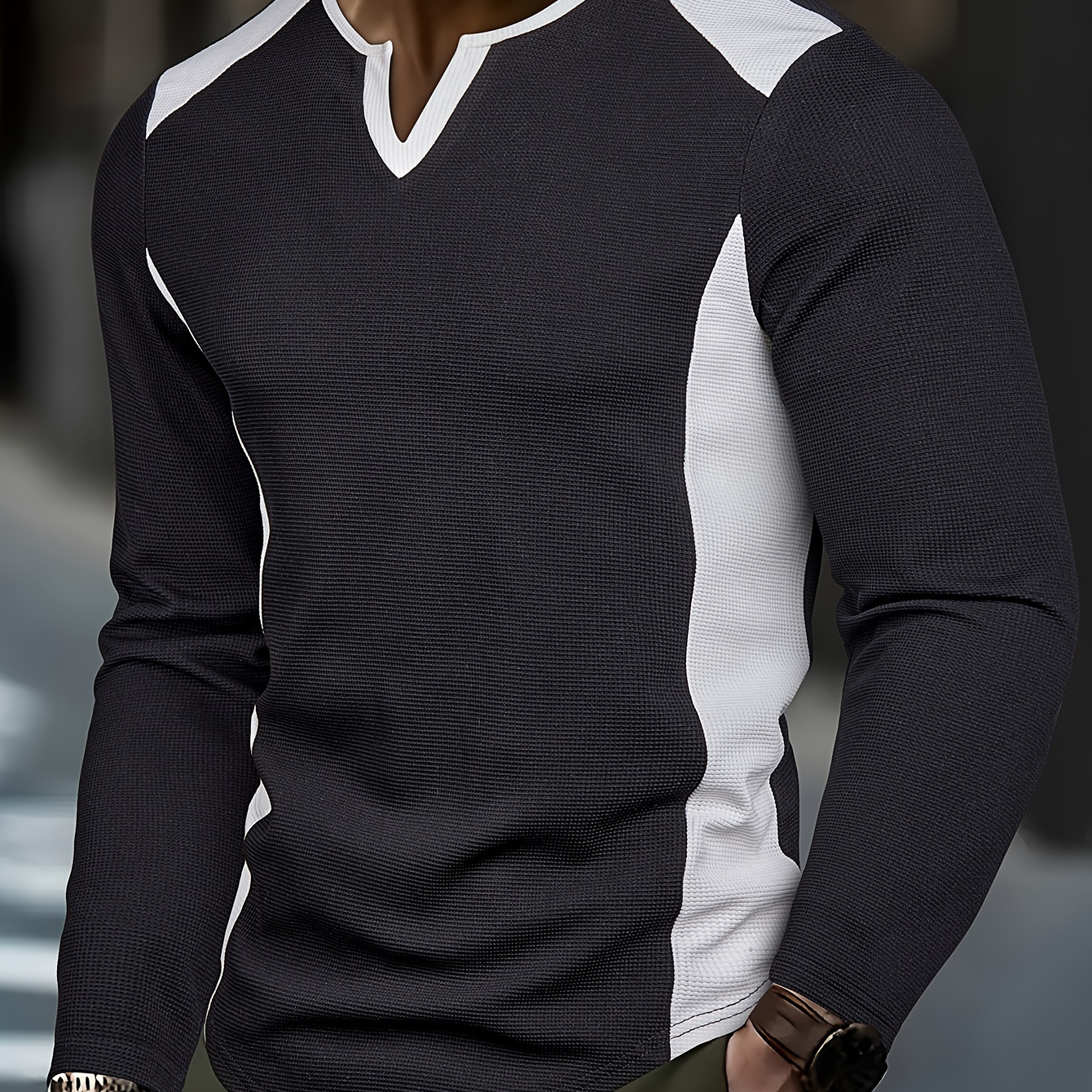 

Men's Casual V-neck Long Sleeve Henley Shirt, 100% Polyester Knit Fabric, Waffle Texture, Regular Fit Pullover For Spring/fall Outdoor Sports