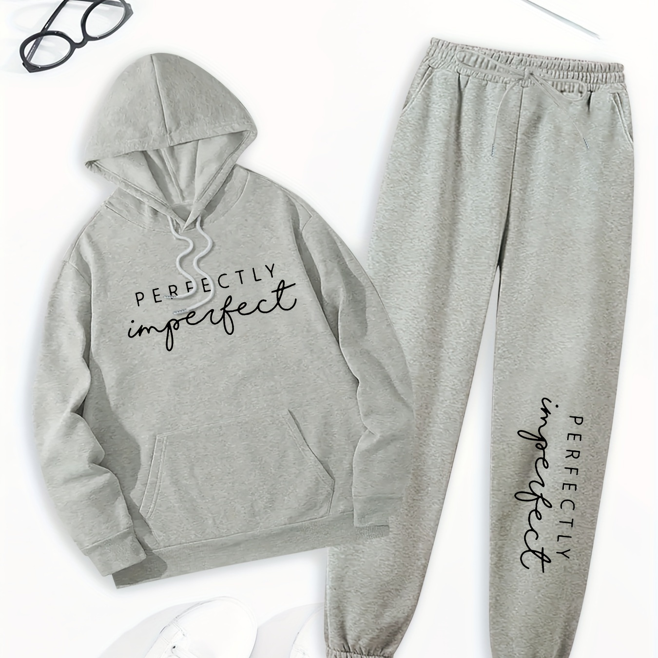 

Women's Casual Polyester Knit Hooded Sweatshirt & Jogger Set With Geometric Letter Print, Long Sleeve Hoodie And Sweatpants With Pockets For Fall/winter - "perfectly " Graphic Lounge Wear