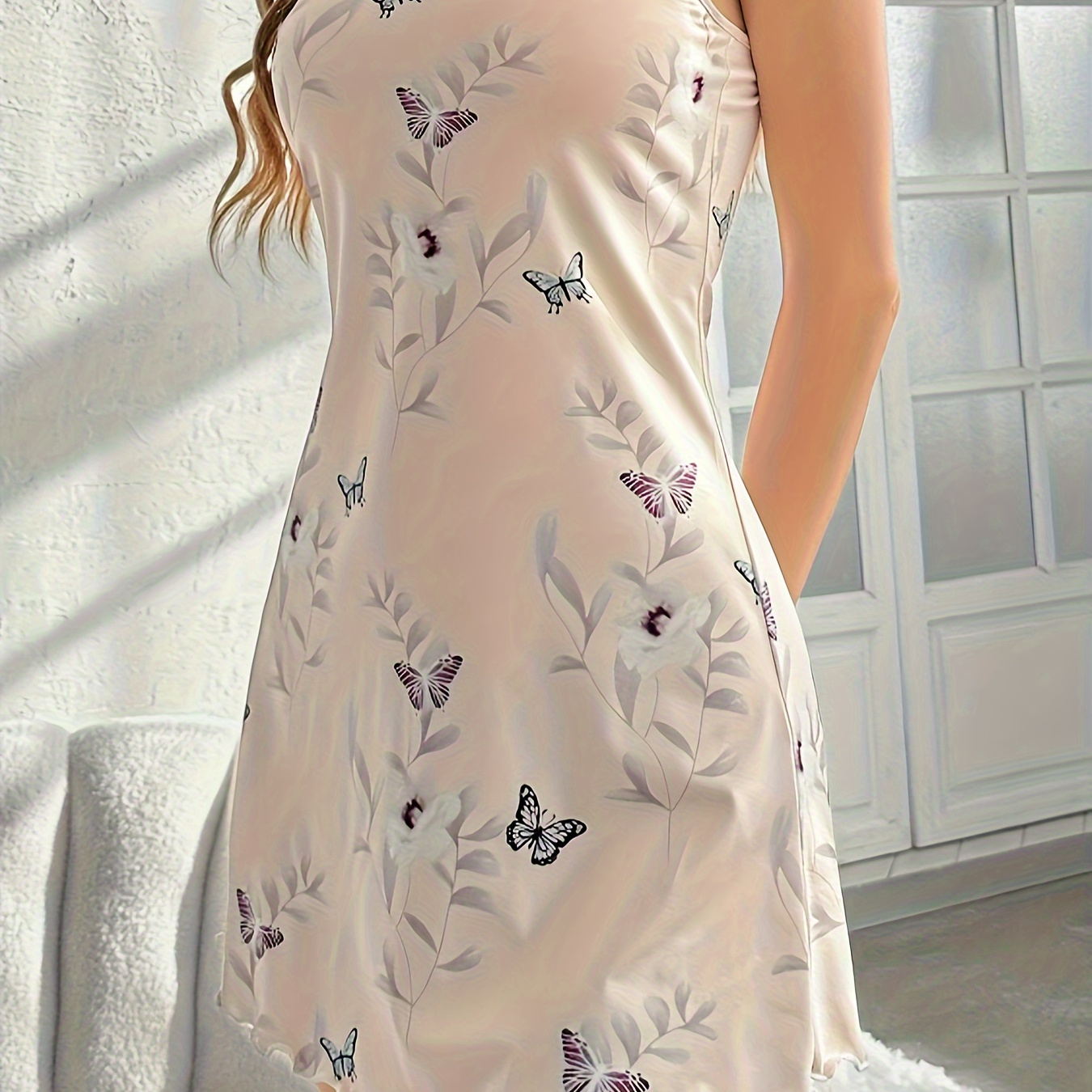 

Butterfly & Floral Print Nightgown, Casual Round Neck Backless Frill Trim Slip Dress, Women's Sleepwear